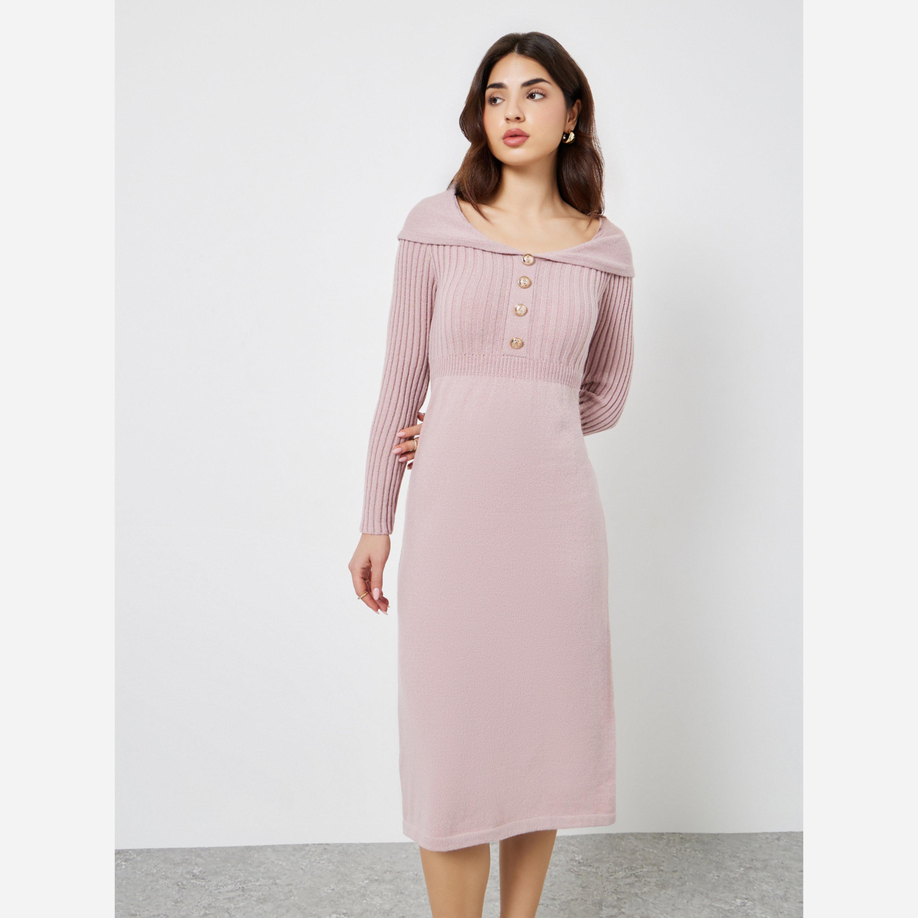 ستايلي - فستان متوسط الطول لون وردي أكمام طويلة-women-clothing-dresses-image-1