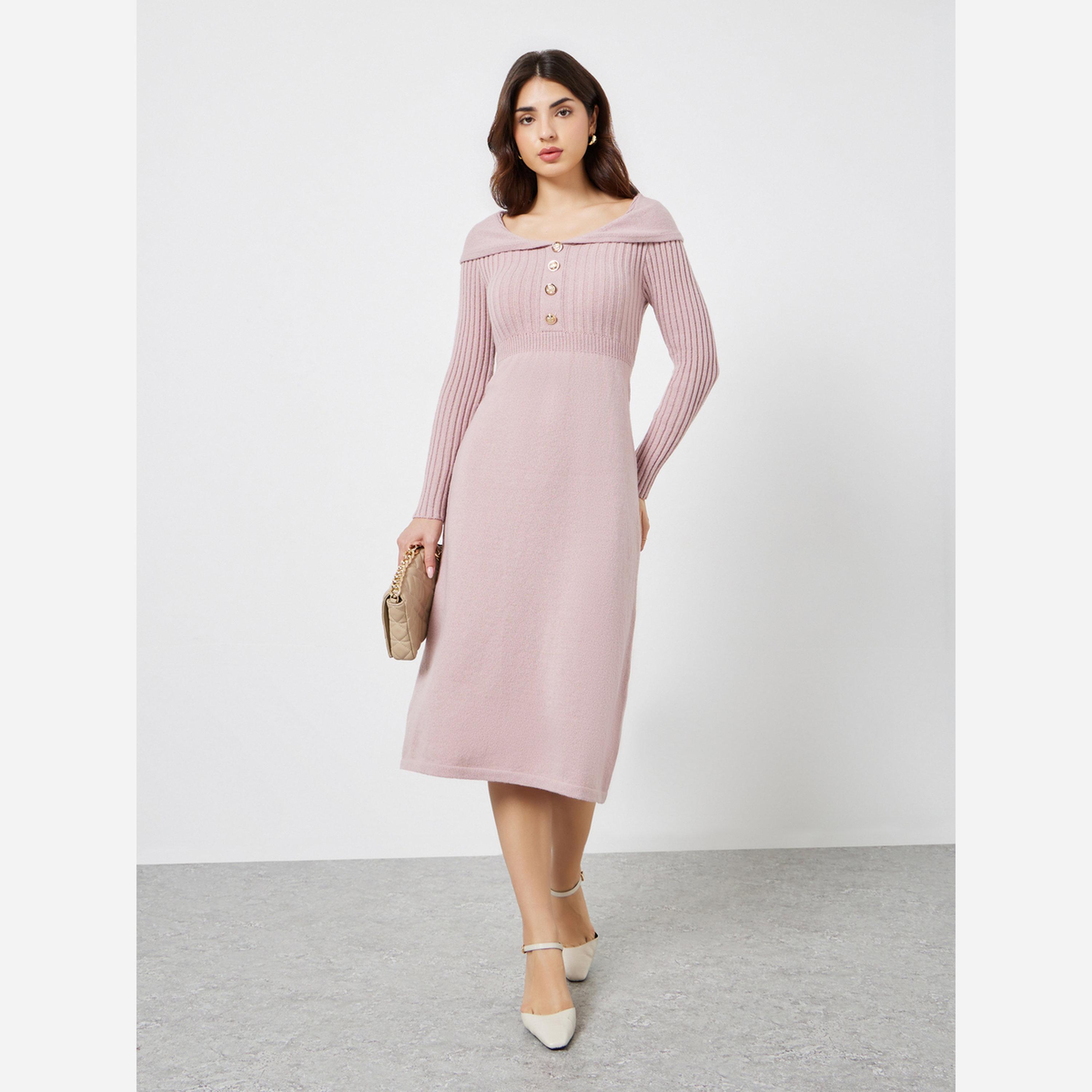 ستايلي - فستان متوسط الطول لون وردي أكمام طويلة-women-clothing-dresses-image-2