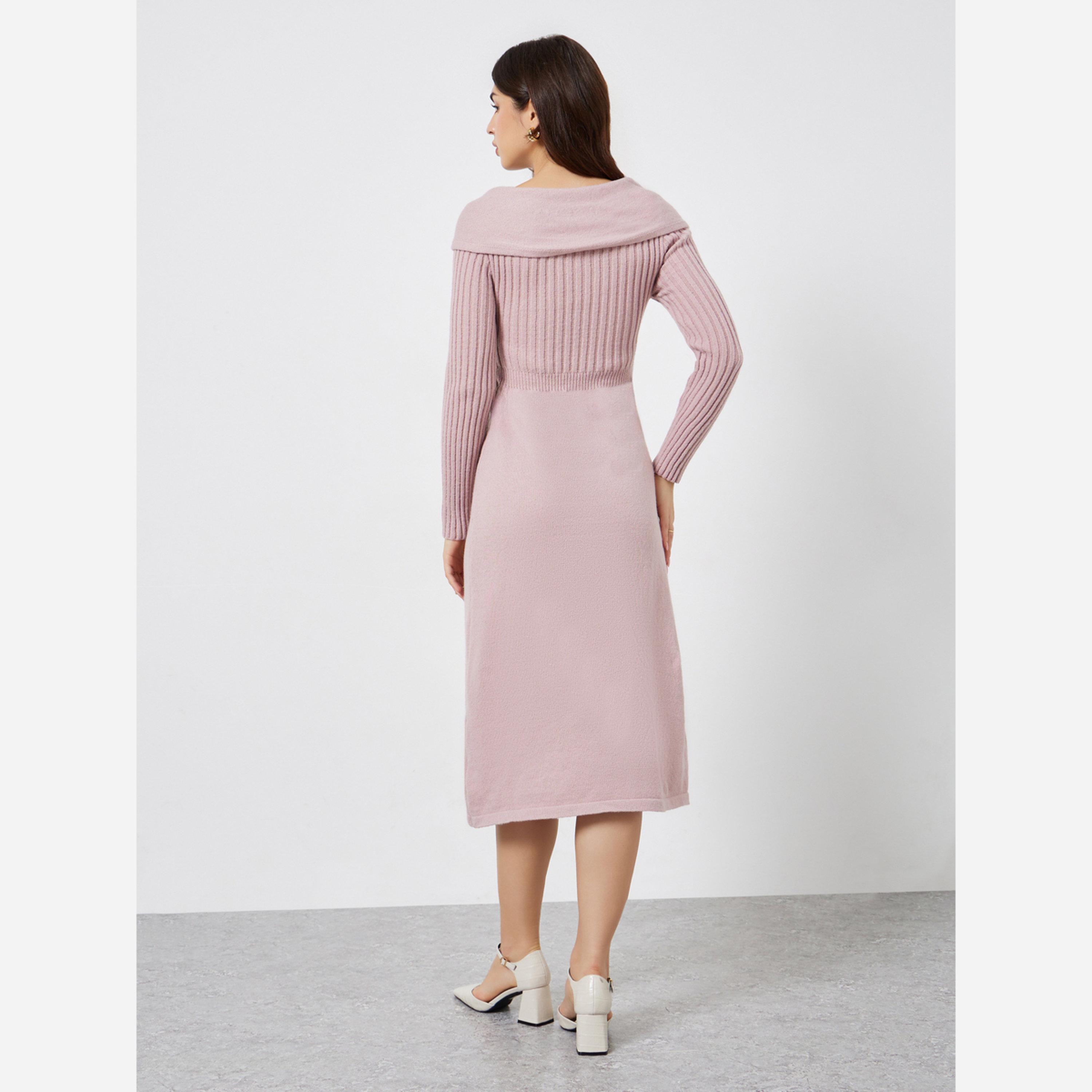 ستايلي - فستان متوسط الطول لون وردي أكمام طويلة-women-clothing-dresses-image-3