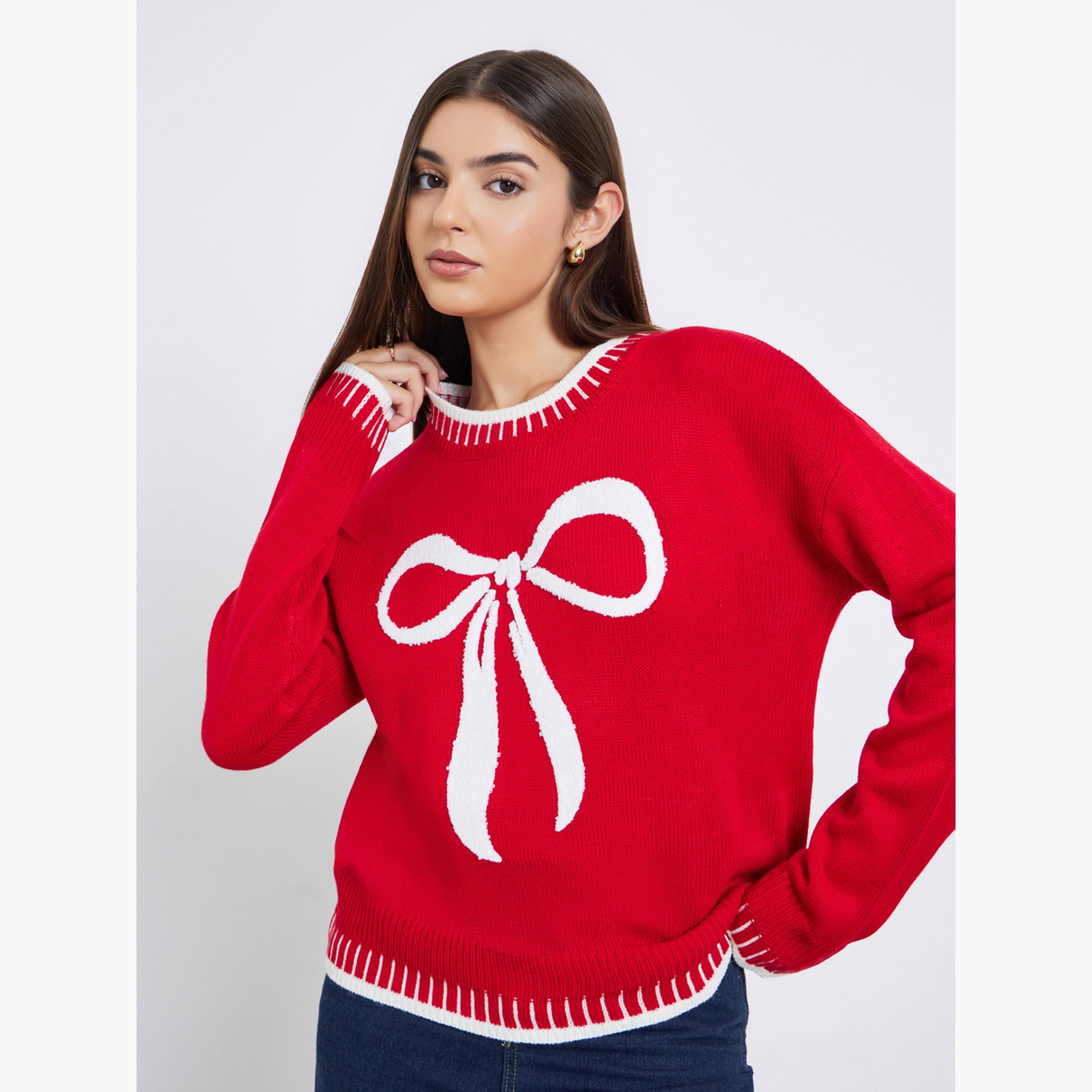 تيك تو - سترة نسائية محبوكة بأكمام طويلة رقبة دائرية بتصميم فيونكة حمراء-women-winterwear-cardigansandjumpers-jumpers-image-1