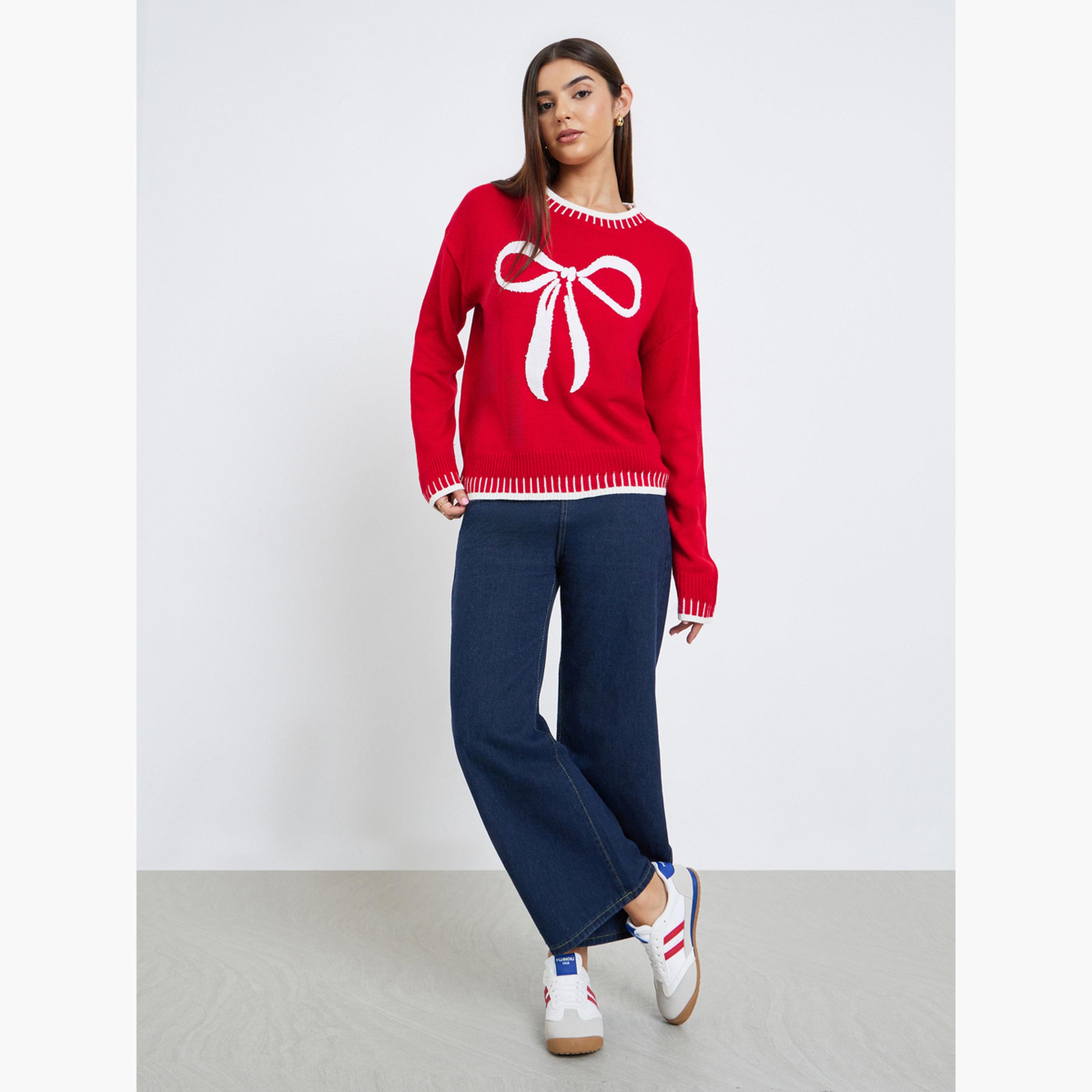 تيك تو - سترة نسائية محبوكة بأكمام طويلة رقبة دائرية بتصميم فيونكة حمراء-women-winterwear-cardigansandjumpers-jumpers-image-2