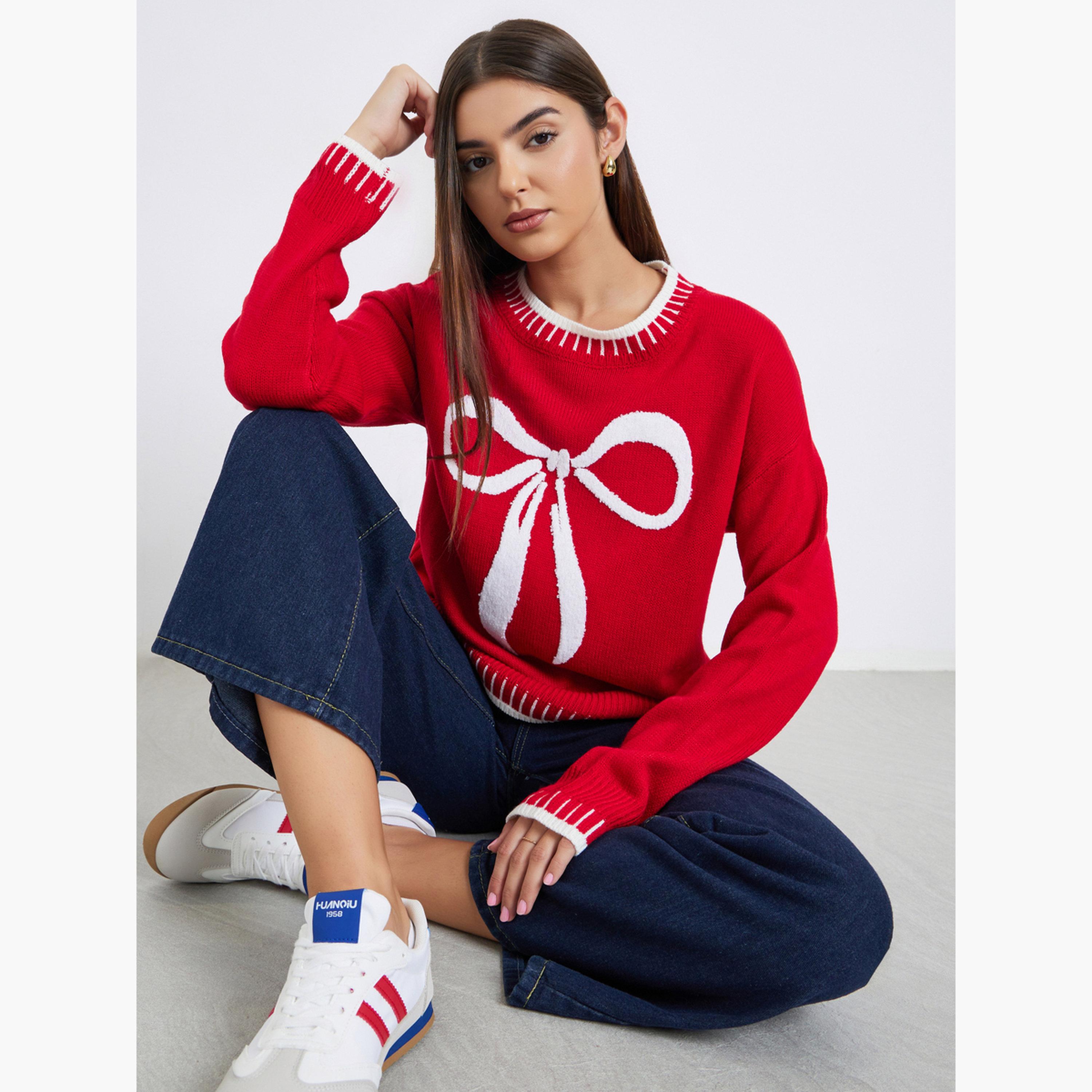 تيك تو - سترة نسائية محبوكة بأكمام طويلة رقبة دائرية بتصميم فيونكة حمراء-women-winterwear-cardigansandjumpers-jumpers-image-3