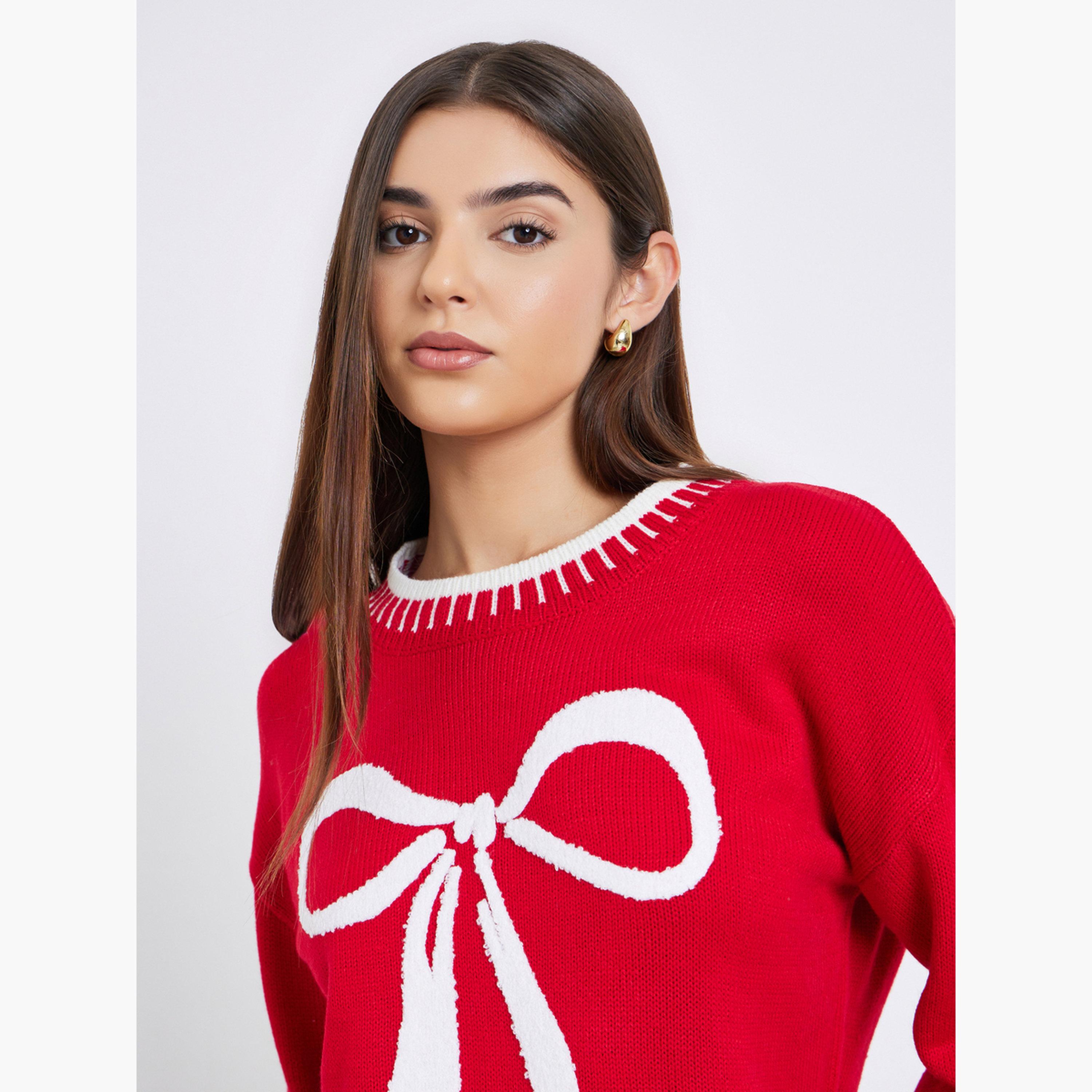 تيك تو - سترة نسائية محبوكة بأكمام طويلة رقبة دائرية بتصميم فيونكة حمراء-women-winterwear-cardigansandjumpers-jumpers-image-4