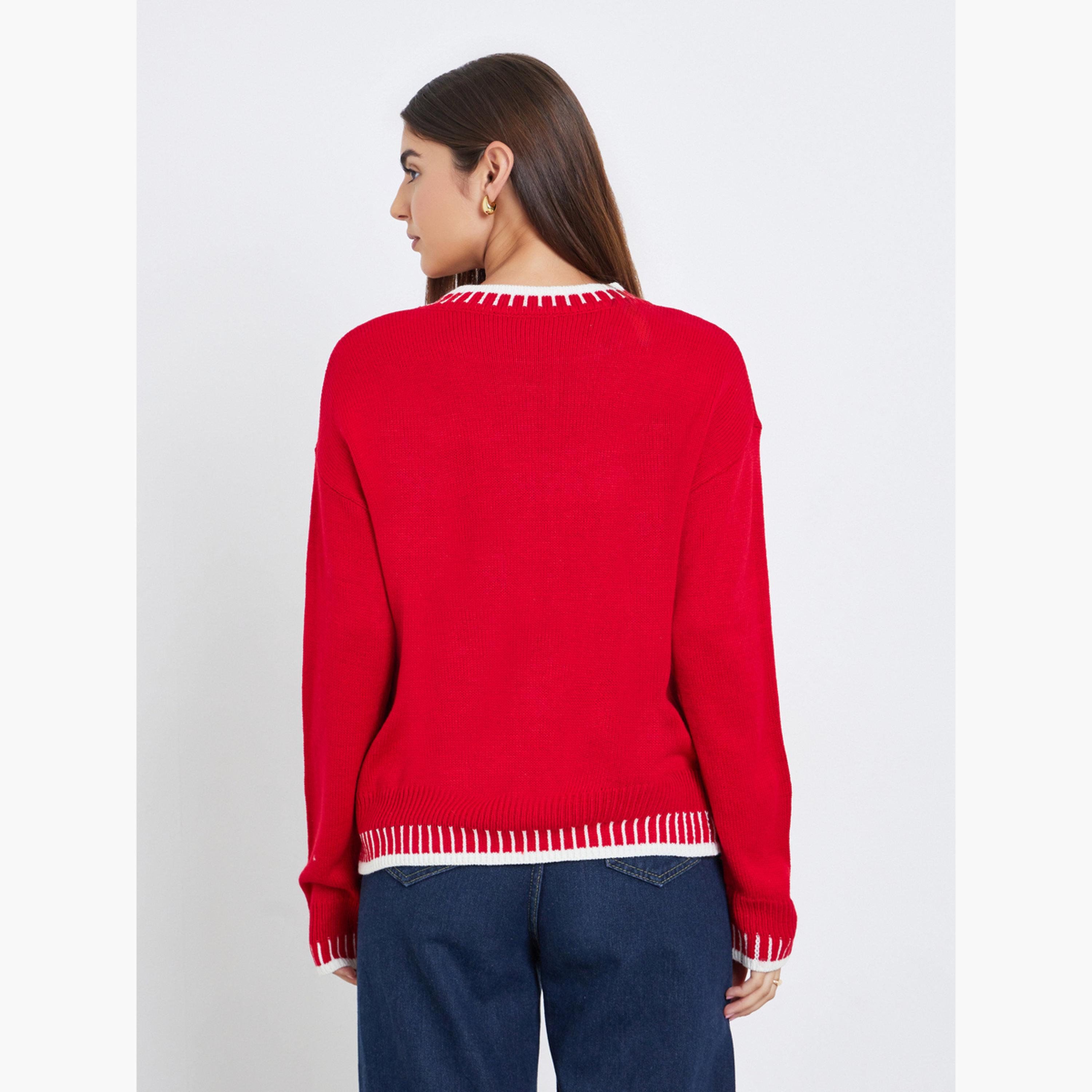 تيك تو - سترة نسائية محبوكة بأكمام طويلة رقبة دائرية بتصميم فيونكة حمراء-women-winterwear-cardigansandjumpers-jumpers-image-5