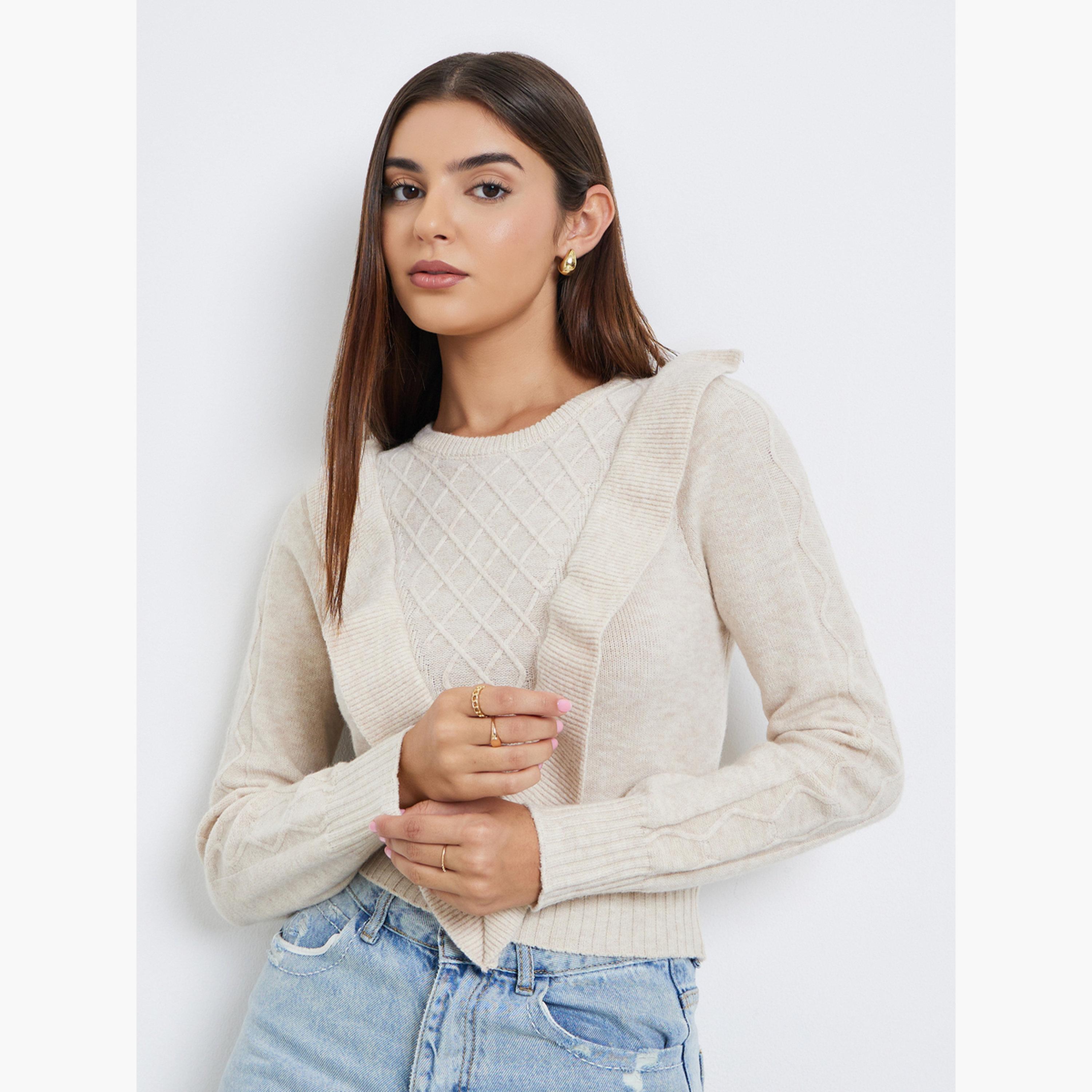 تيك تو - سترة نسائية بأكمام طويلة وياقة مستديرة وتفاصيل كشكشة حياكة كابل بلون بيج-women-winterwear-cardigansandjumpers-jumpers-image-1