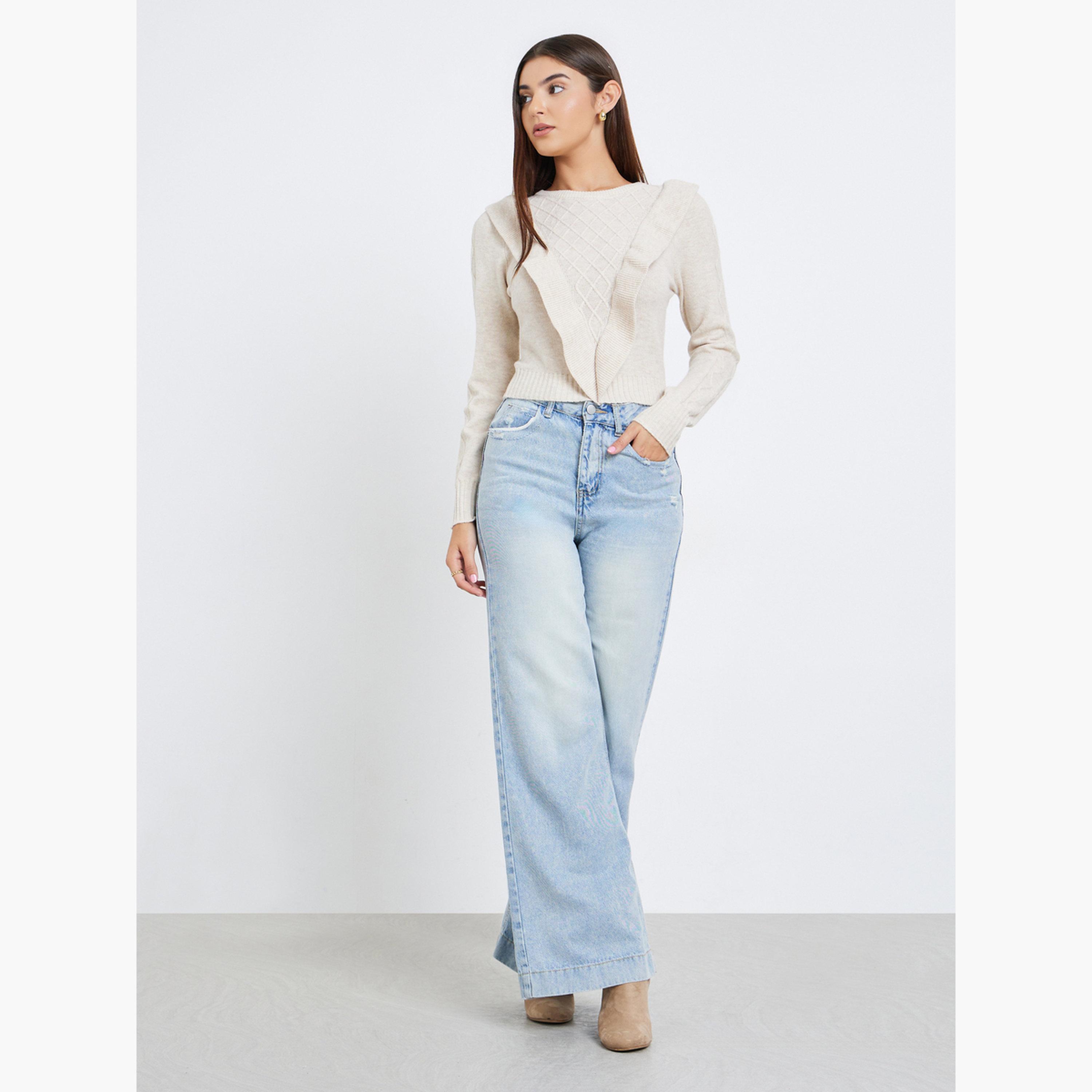 Take Two Beige Cable Knit Ruffle Detail Round Neck Long Sleeves Women's Sweater-women-winterwear-cardigansandjumpers-jumpers-image-2