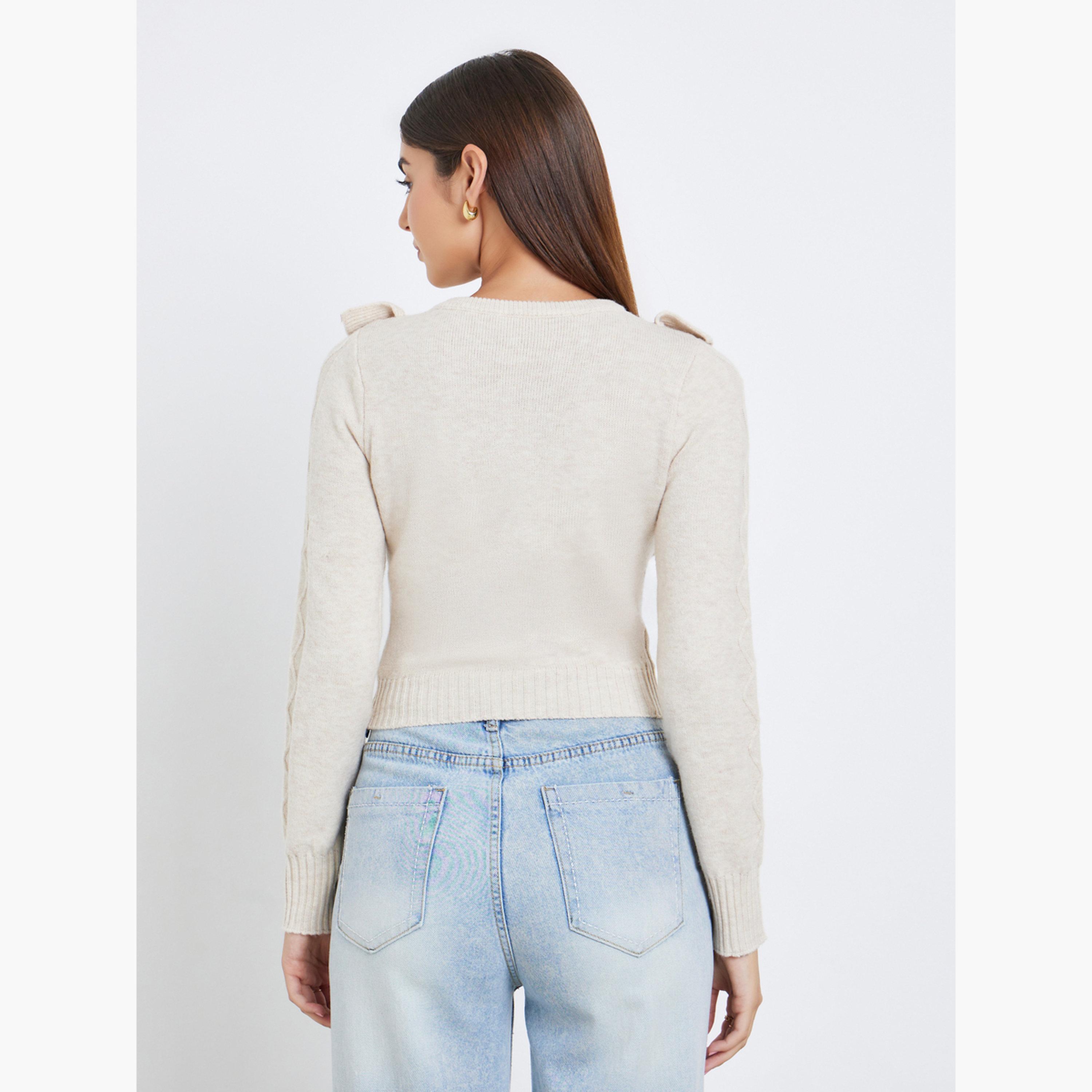 Take Two Beige Cable Knit Ruffle Detail Round Neck Long Sleeves Women's Sweater-women-winterwear-cardigansandjumpers-jumpers-image-3