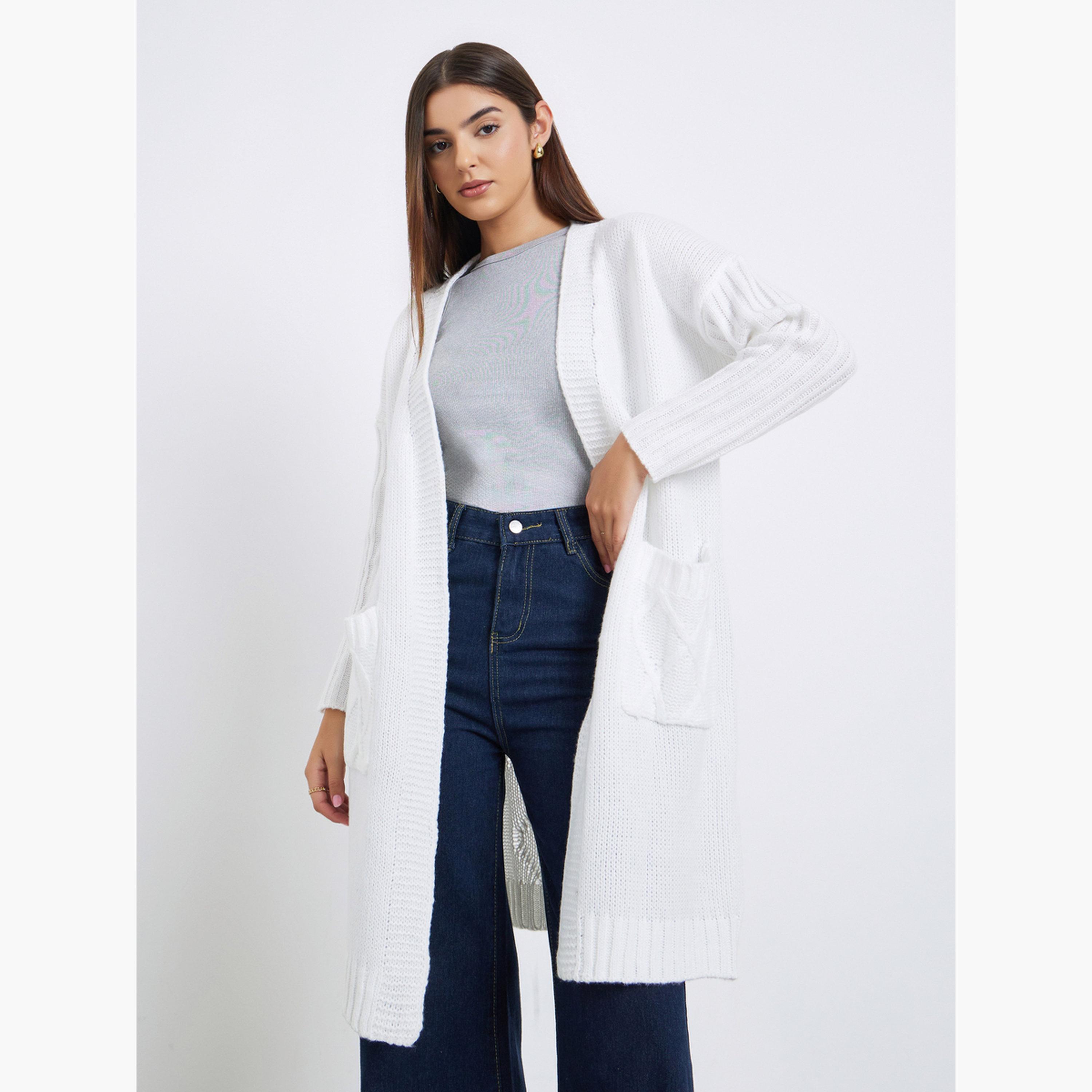 تيك تو - كارديغان نسائي أبيض محبوك بأكمام طويلة مفتوح من الأمام-women-winterwear-cardigansandjumpers-cardigans-image-1