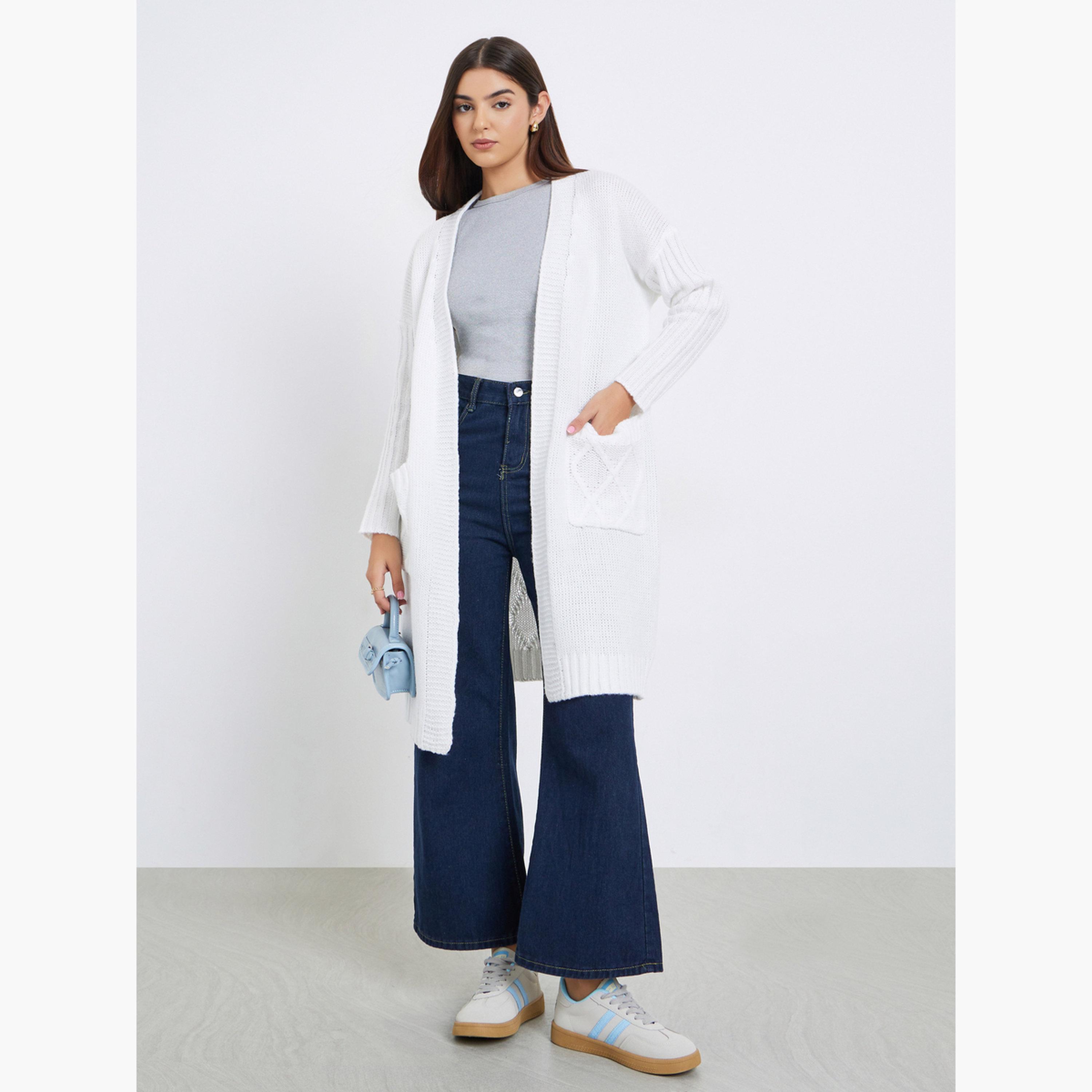 تيك تو - كارديغان نسائي أبيض محبوك بأكمام طويلة مفتوح من الأمام-women-winterwear-cardigansandjumpers-cardigans-image-2
