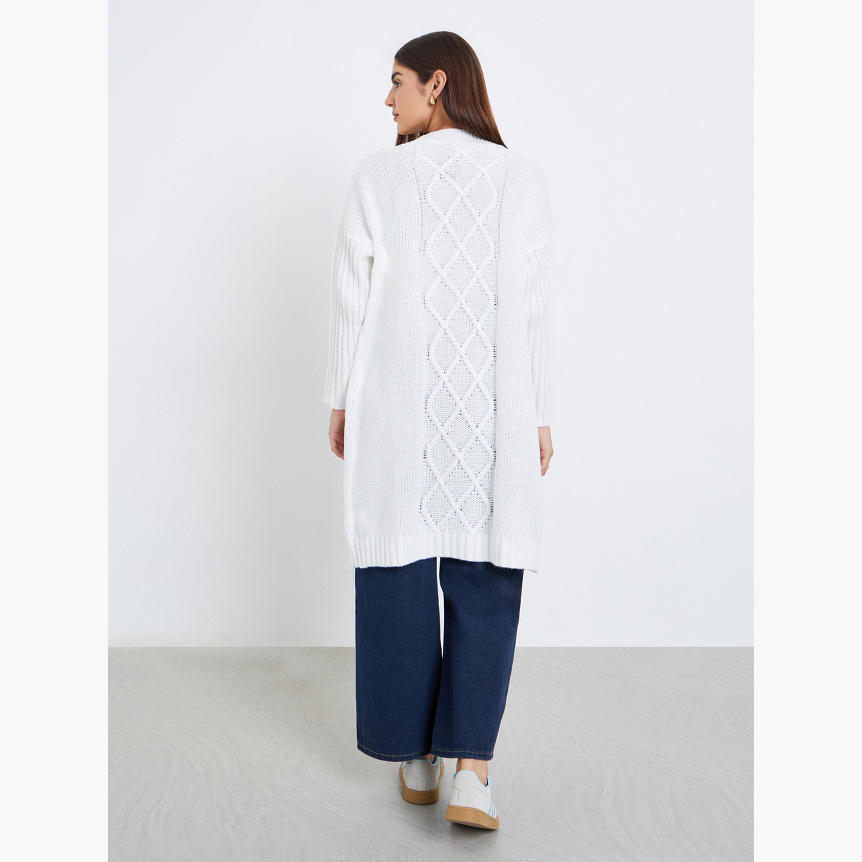 Take Two White Knitted Long Sleeves Women's Open Front Midi Cardigan-women-winterwear-cardigansandjumpers-cardigans-image-3