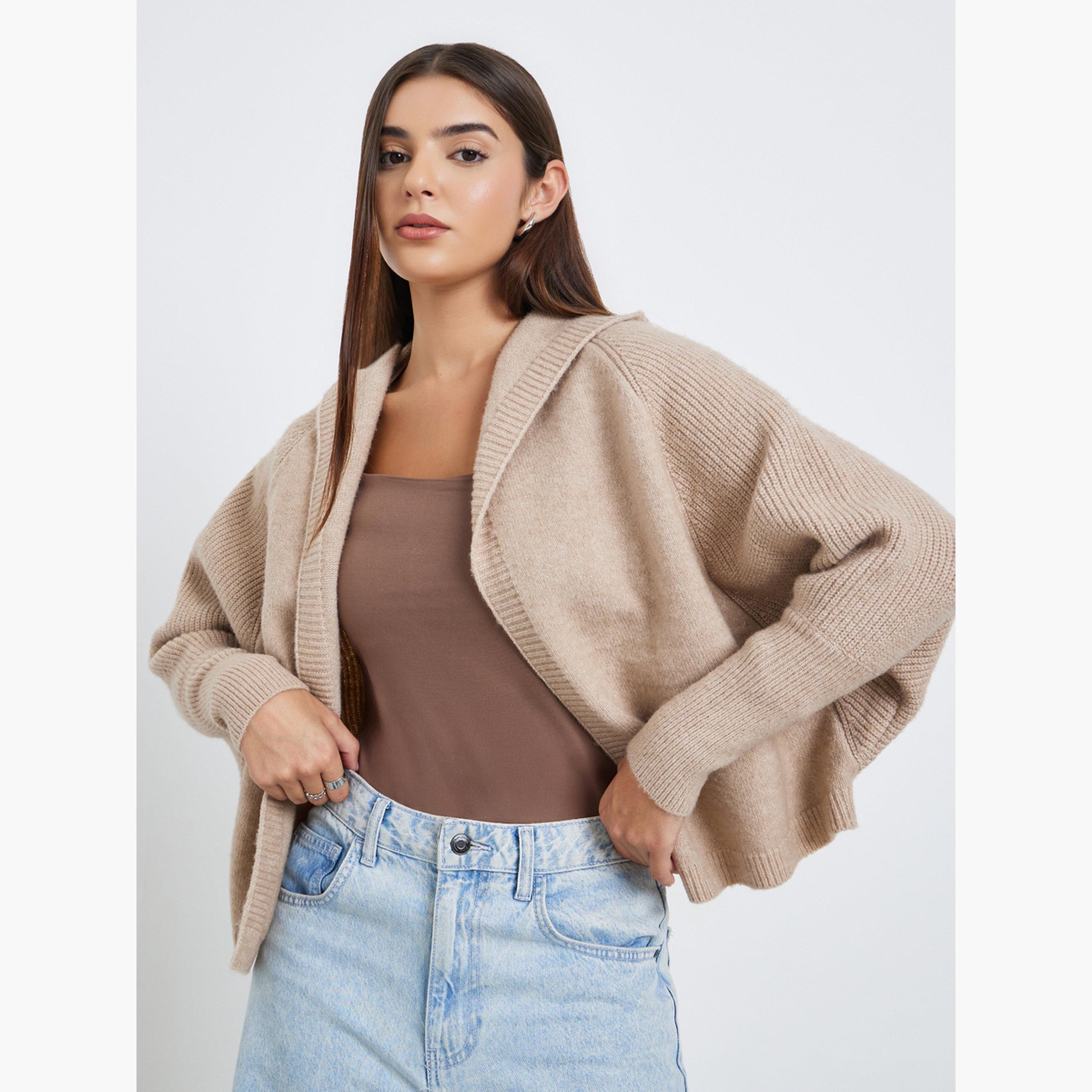 تيك تو - كارديغان نسائي قصير الأكمام محبوك باللون البيج مع غطاء للرأس وياقة عالية-women-winterwear-cardigansandjumpers-cardigans-image-1