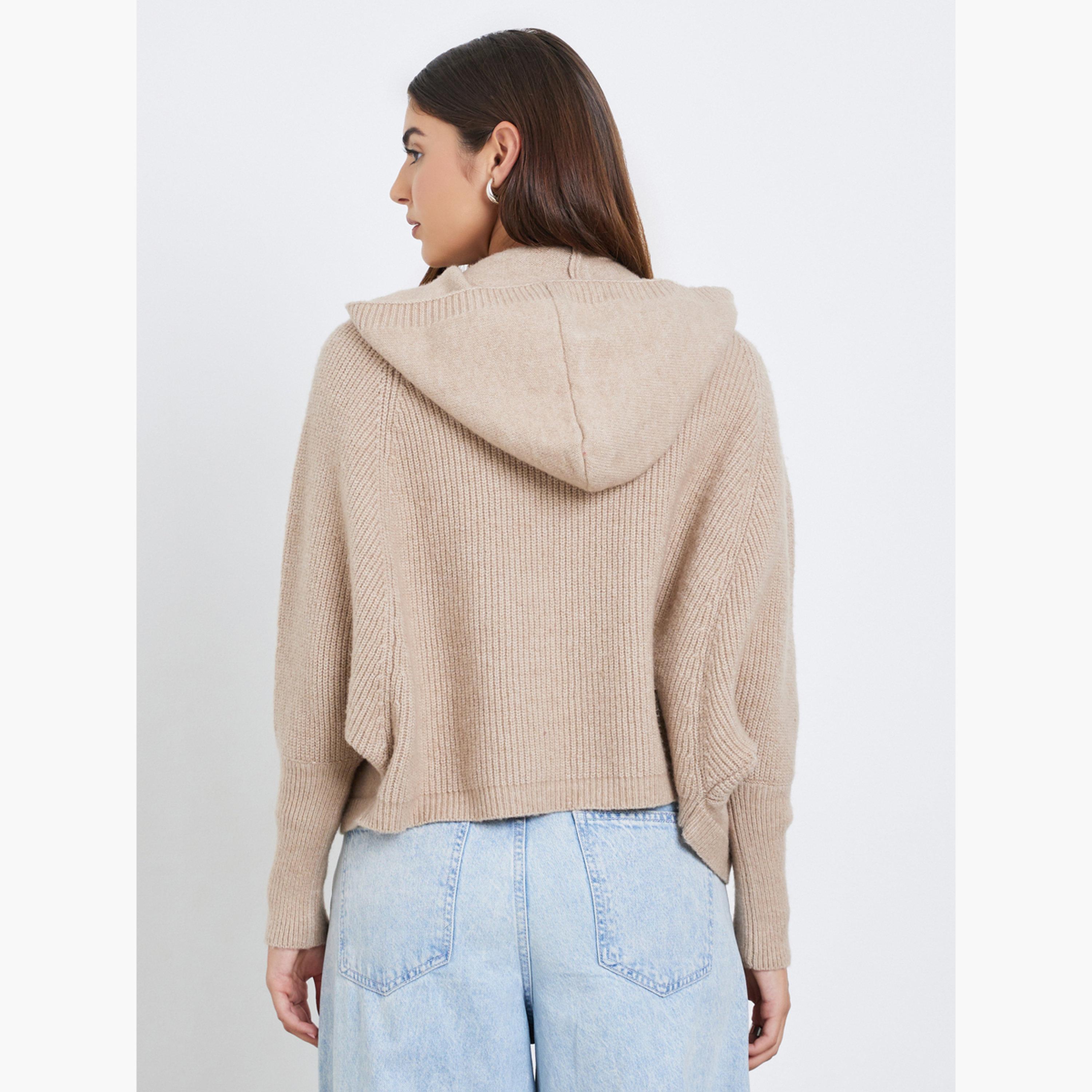 تيك تو - كارديغان نسائي قصير الأكمام محبوك باللون البيج مع غطاء للرأس وياقة عالية-women-winterwear-cardigansandjumpers-cardigans-image-3