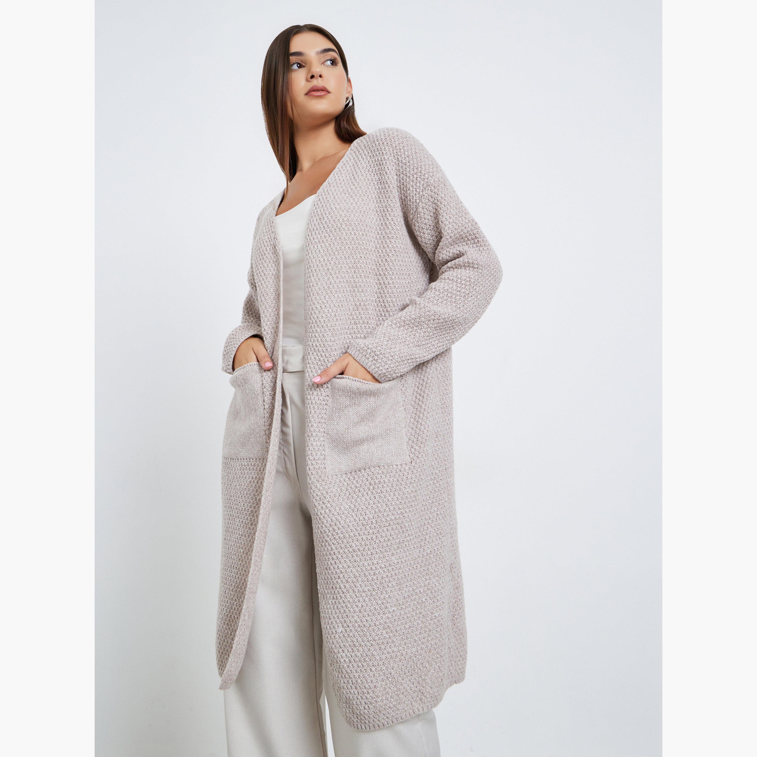 Take Two Beige Chunky Knit Long Sleeves Women's Open Front Midi Cardigan-women-winterwear-cardigansandjumpers-cardigans-image-1