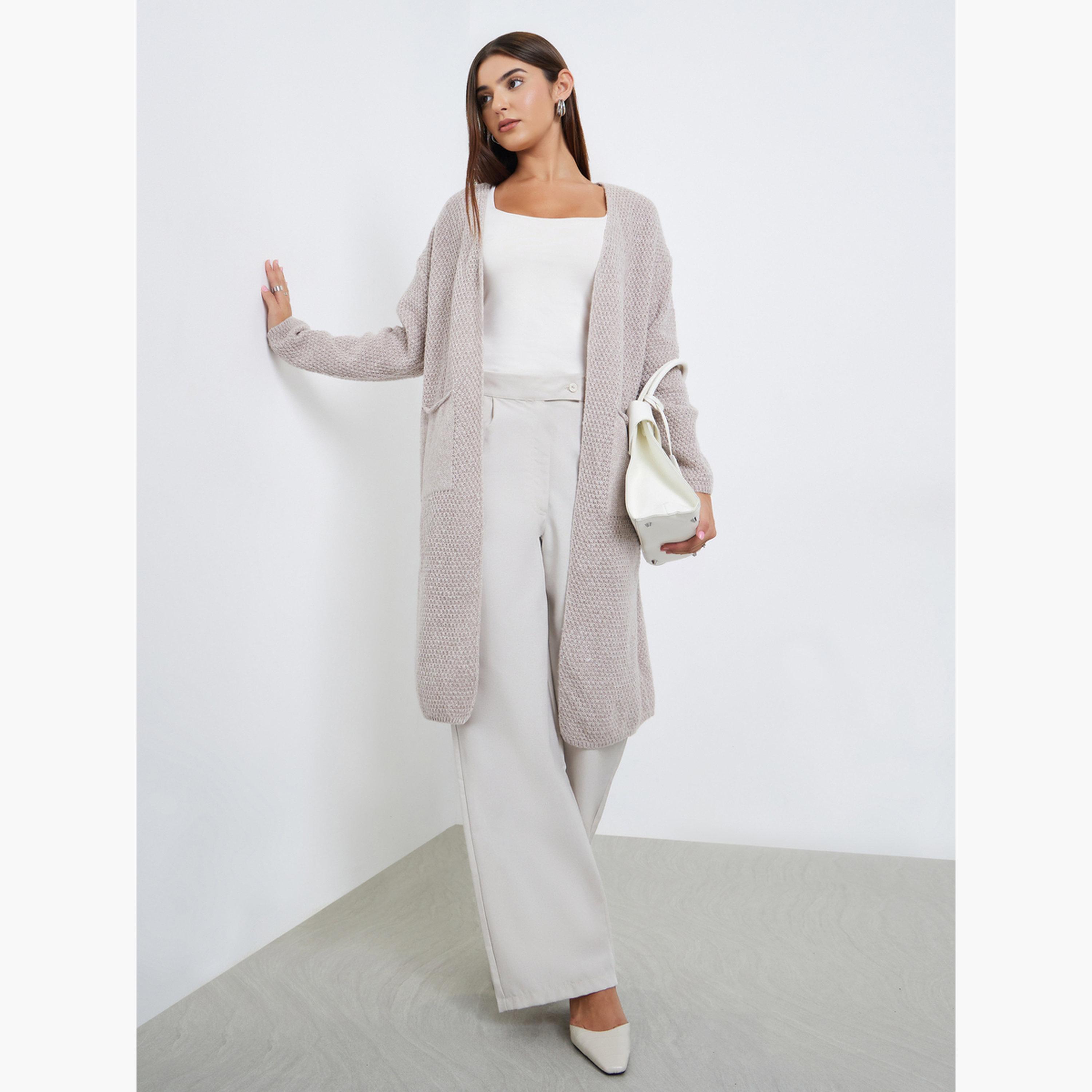 Take Two Beige Chunky Knit Long Sleeves Women's Open Front Midi Cardigan-women-winterwear-cardigansandjumpers-cardigans-image-2