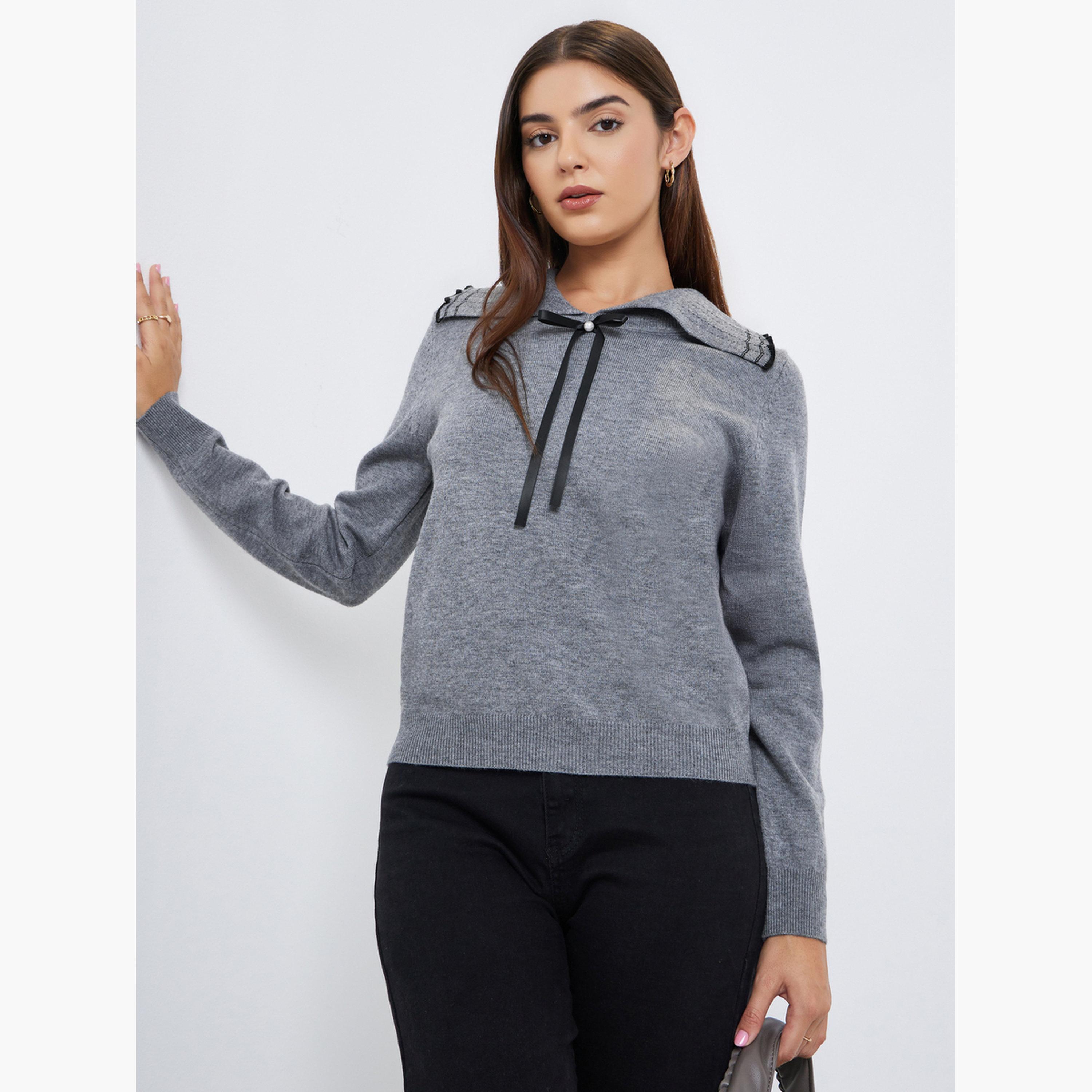 تيك تو - سترة نسائية بأكمام طويلة وياقة مسطحة وتفاصيل فيونكة-women-clothing-hoodiesandsweatshirts-sweatshirts-image-1