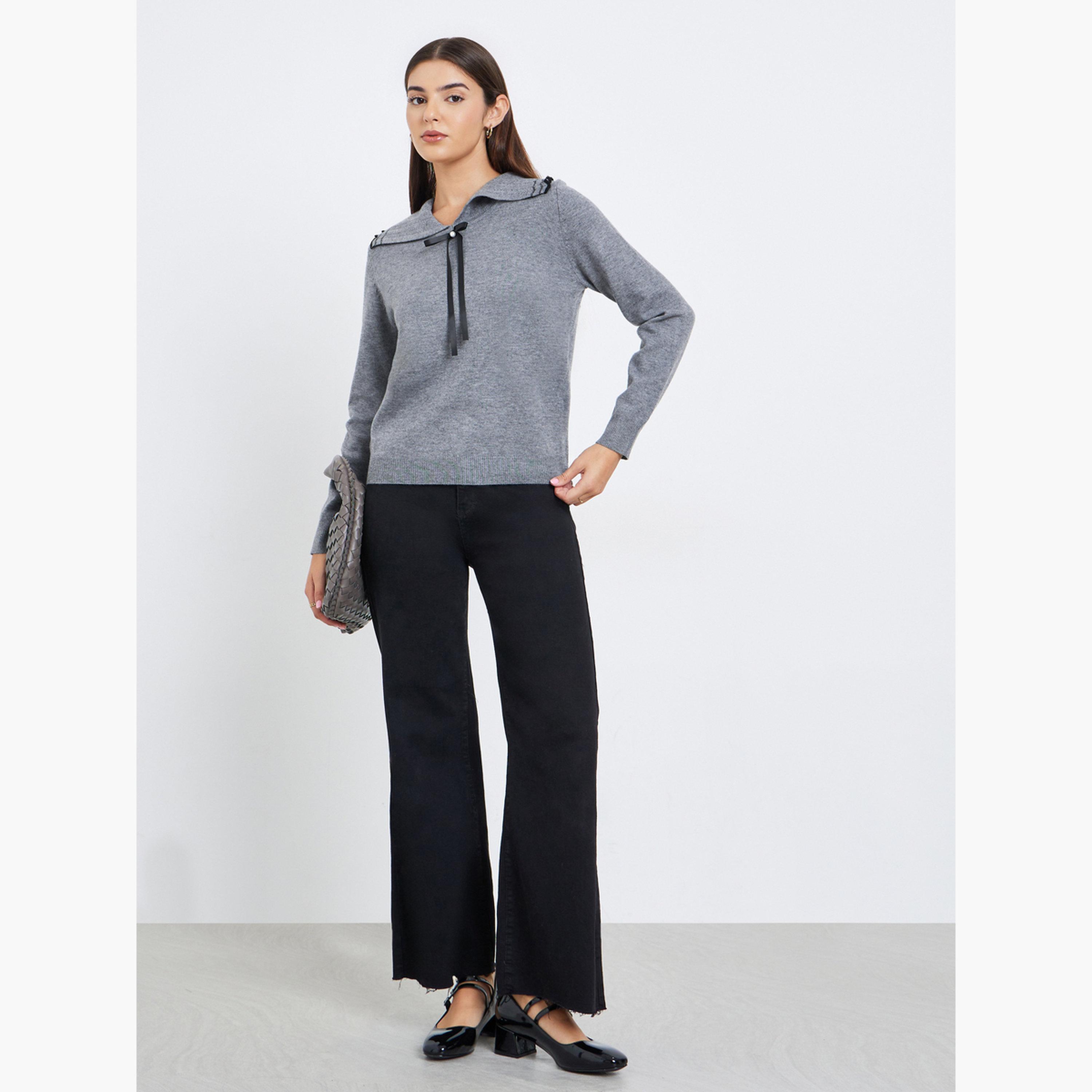 Take Two Bow Detail Flat Lapel Long Sleeves Women's Sweater-women-clothing-hoodiesandsweatshirts-sweatshirts-image-2