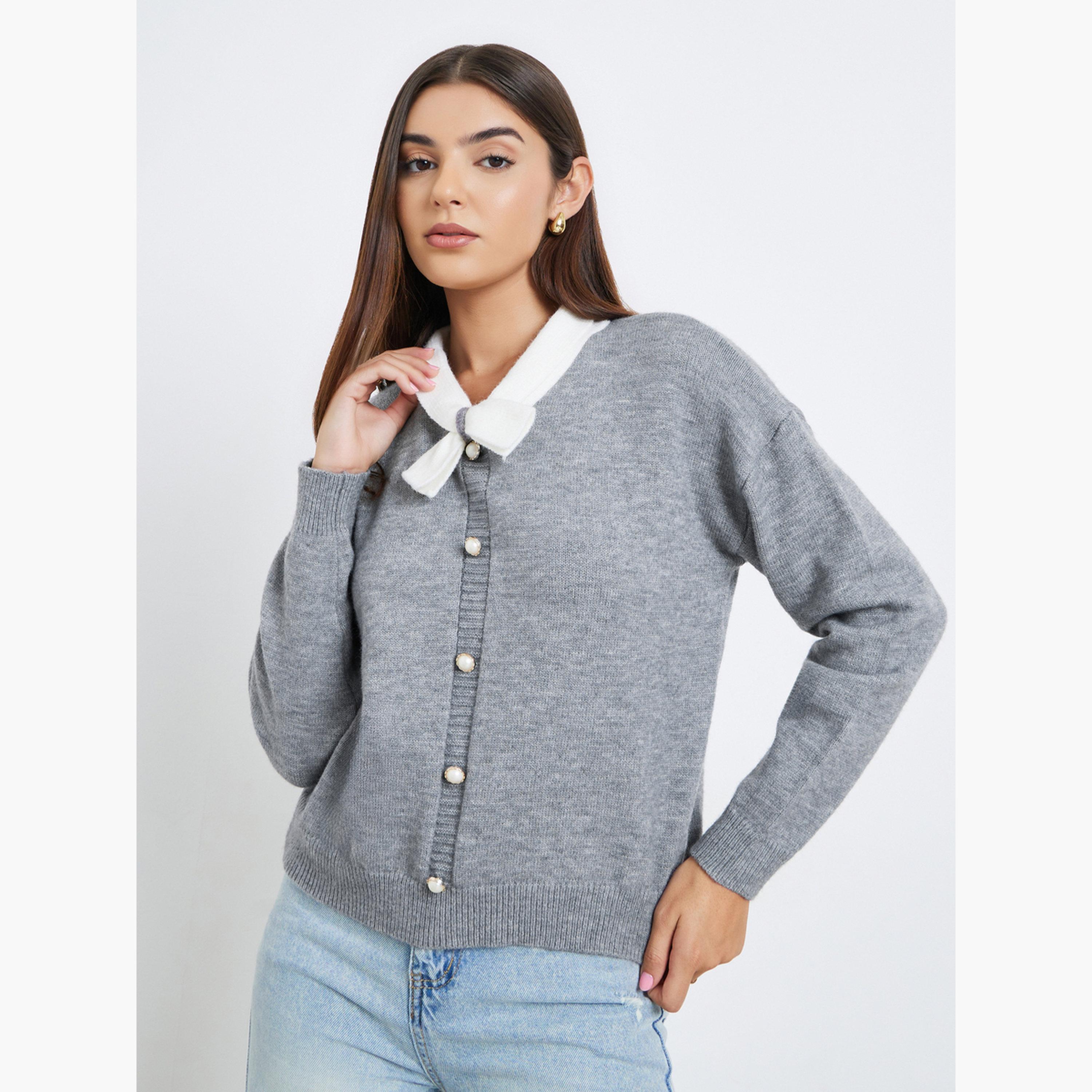 Take Two Grey Faux Pearl Detail Tie-Up Neck Long Sleeves Women's Sweater-women-winterwear-hoodiesandsweatshirts-sweatshirts-image-1