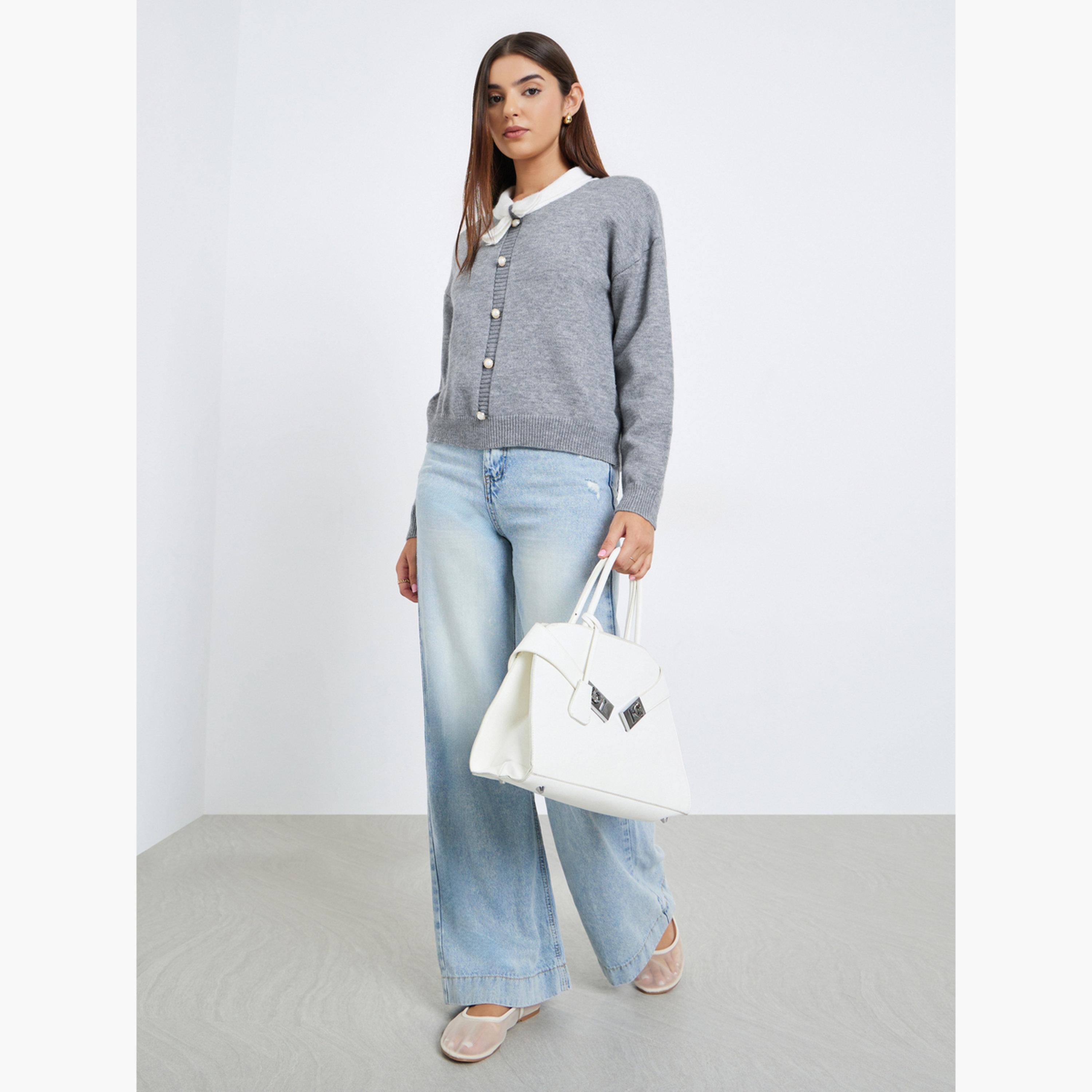 Take Two Grey Faux Pearl Detail Tie-Up Neck Long Sleeves Women's Sweater-women-winterwear-hoodiesandsweatshirts-sweatshirts-image-2