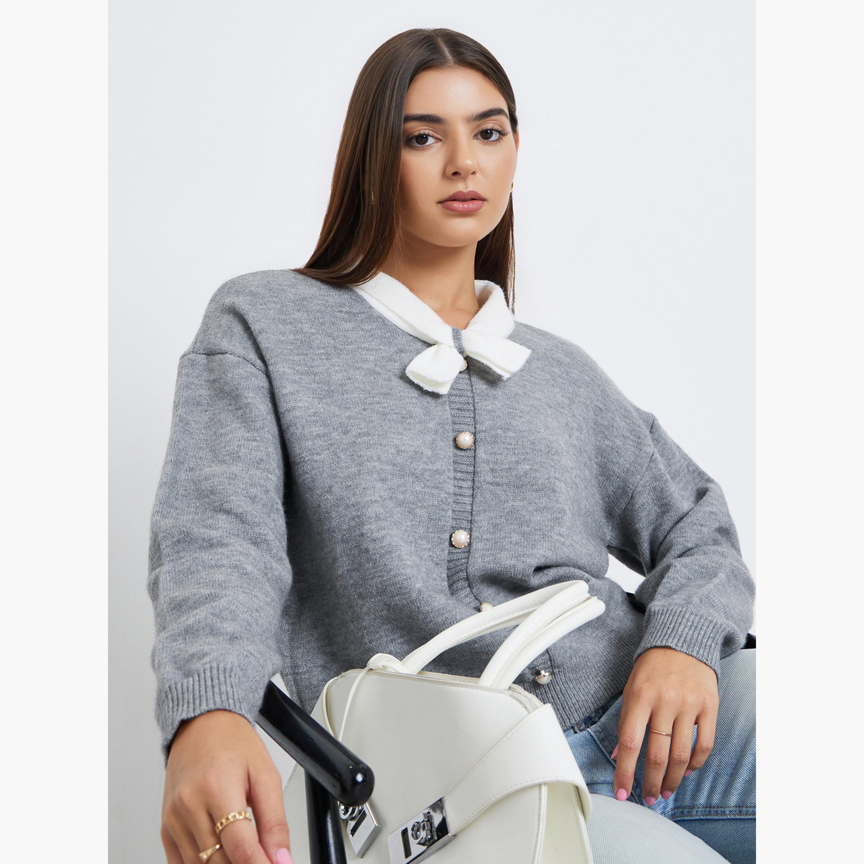 Take Two Grey Faux Pearl Detail Tie-Up Neck Long Sleeves Women's Sweater-women-winterwear-hoodiesandsweatshirts-sweatshirts-image-3