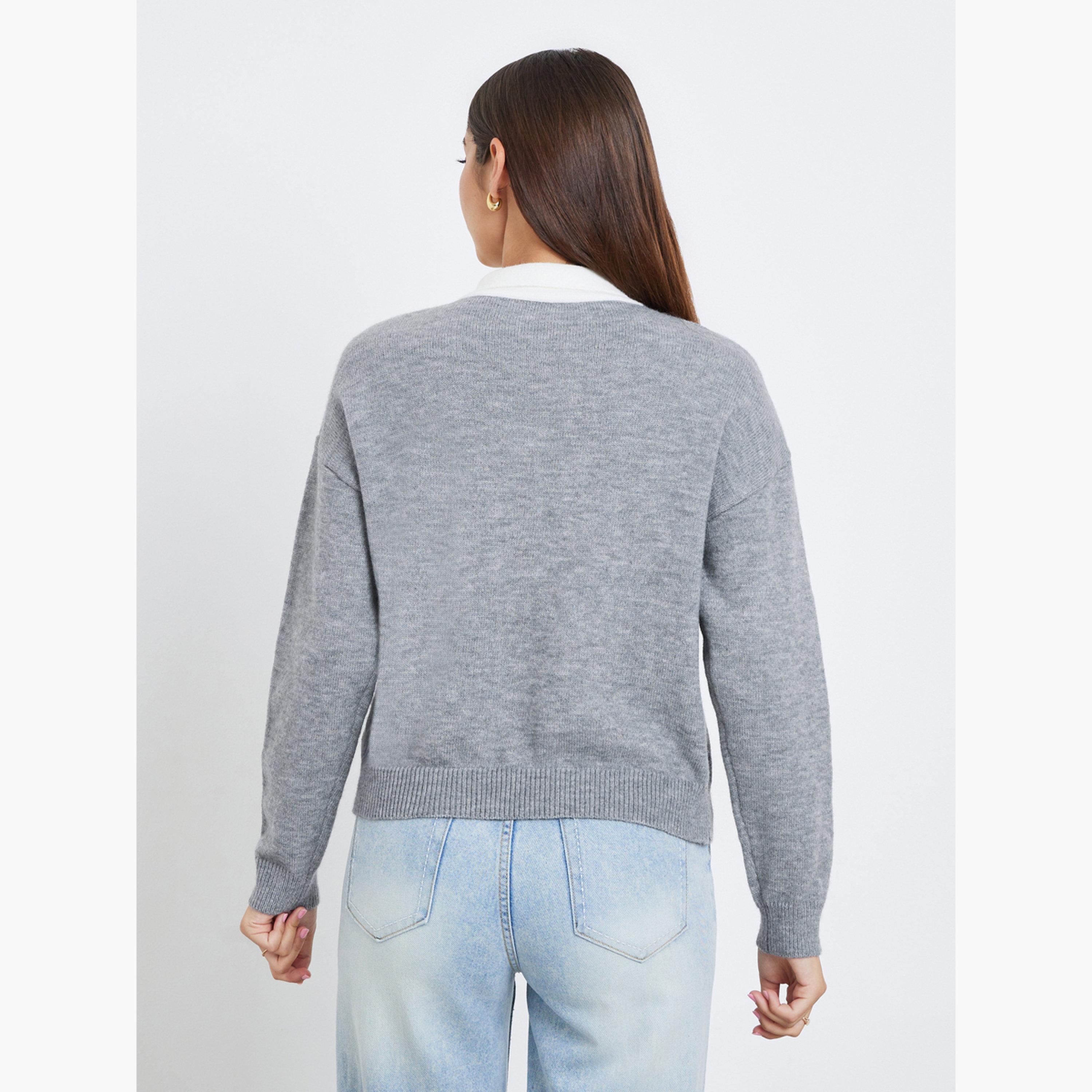 Take Two Grey Faux Pearl Detail Tie-Up Neck Long Sleeves Women's Sweater-women-winterwear-hoodiesandsweatshirts-sweatshirts-image-4
