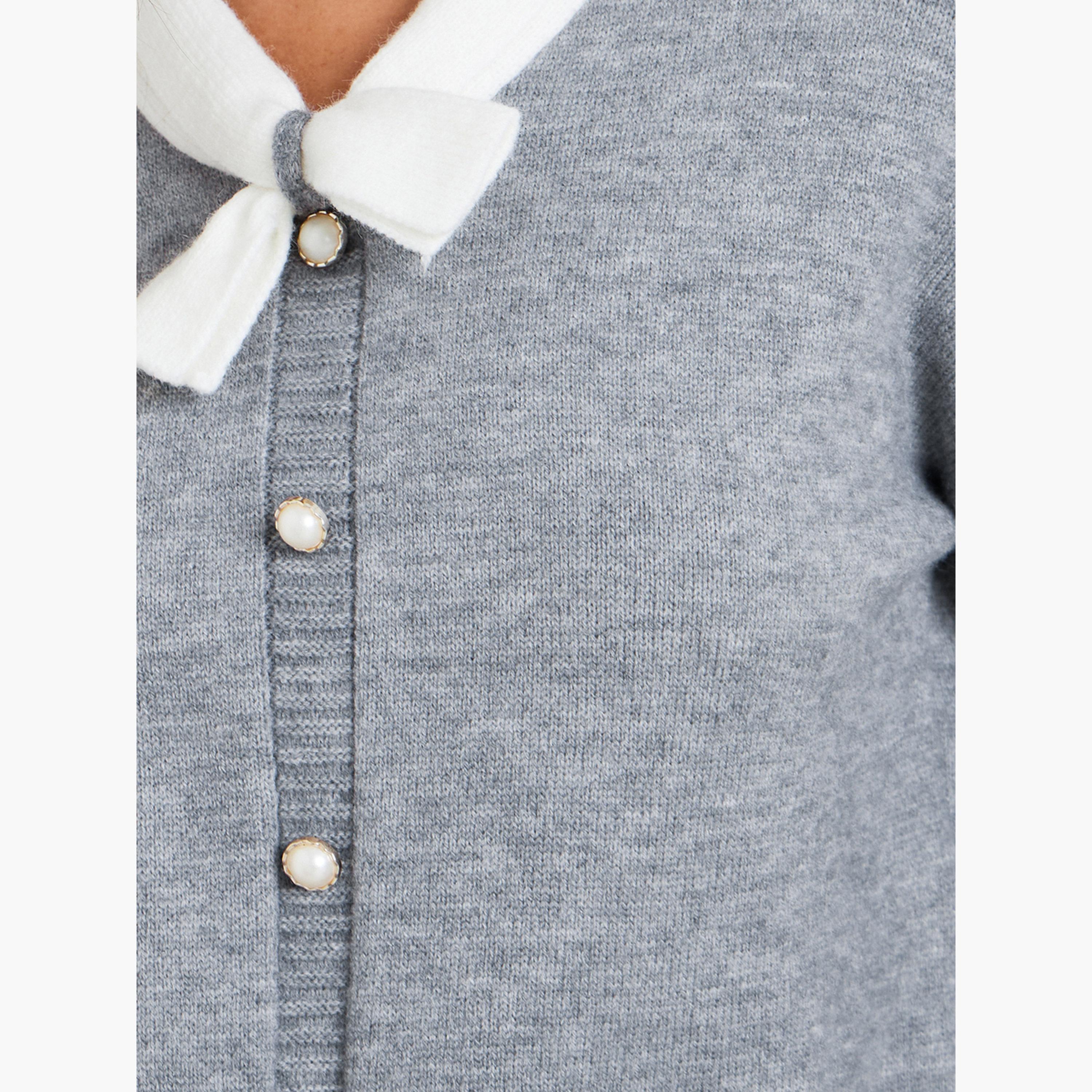 Take Two Grey Faux Pearl Detail Tie-Up Neck Long Sleeves Women's Sweater-women-winterwear-hoodiesandsweatshirts-sweatshirts-image-5