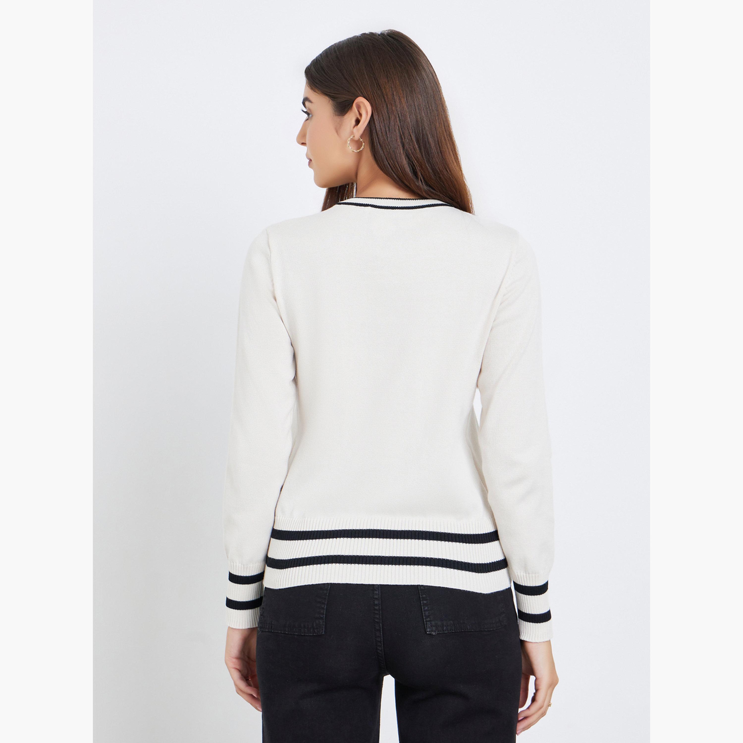 تيك تو - سترة نسائية محبوكة بأكمام طويلة وياقة مستديرة وحواف فيونكة لون اوف وايت-women-winterwear-cardigansandjumpers-jumpers-image-4