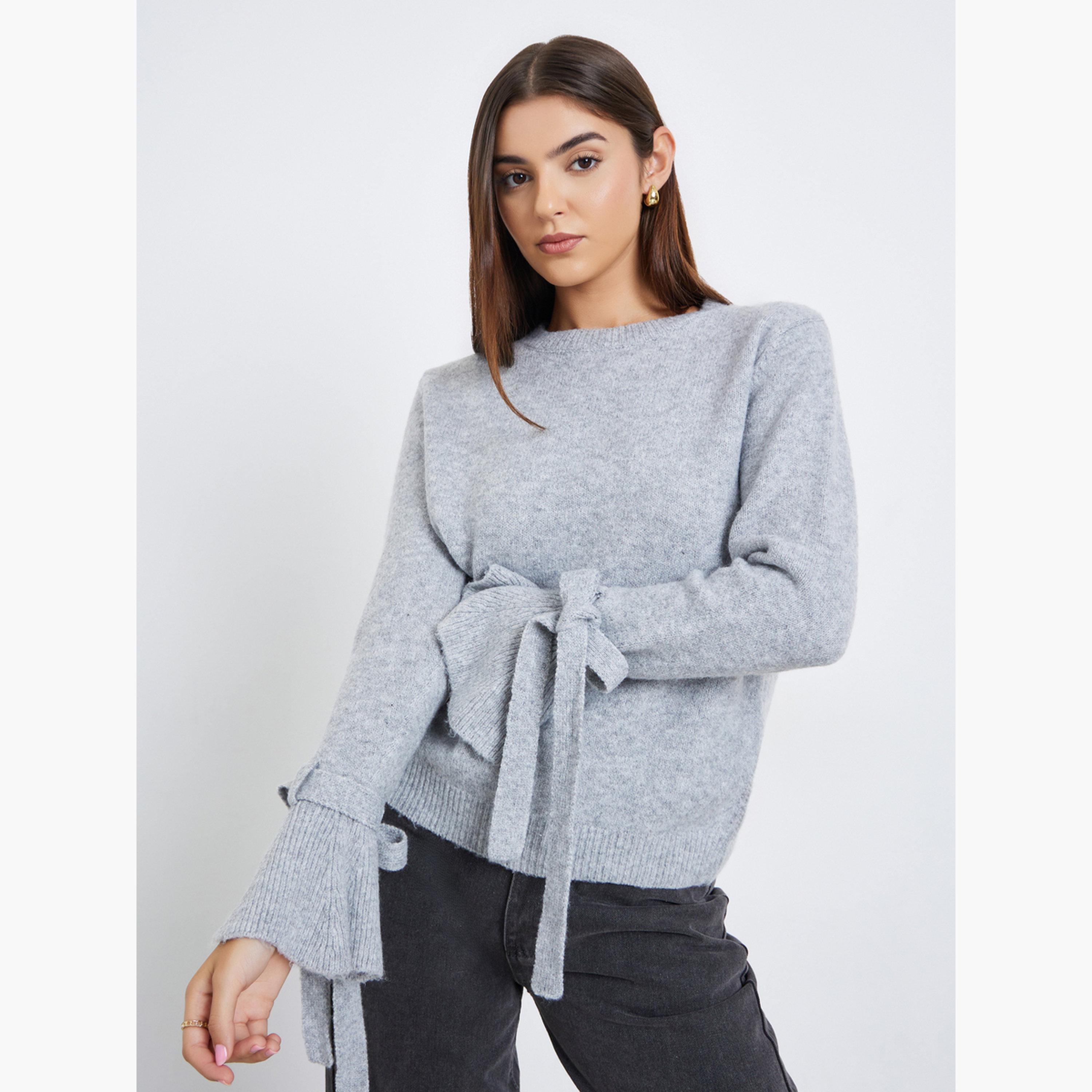 تيك تو - سترة نسائية رمادية سادة برقبة دائرية وأكمام واسعة وأكمام طويلة-women-winterwear-cardigansandjumpers-jumpers-image-1