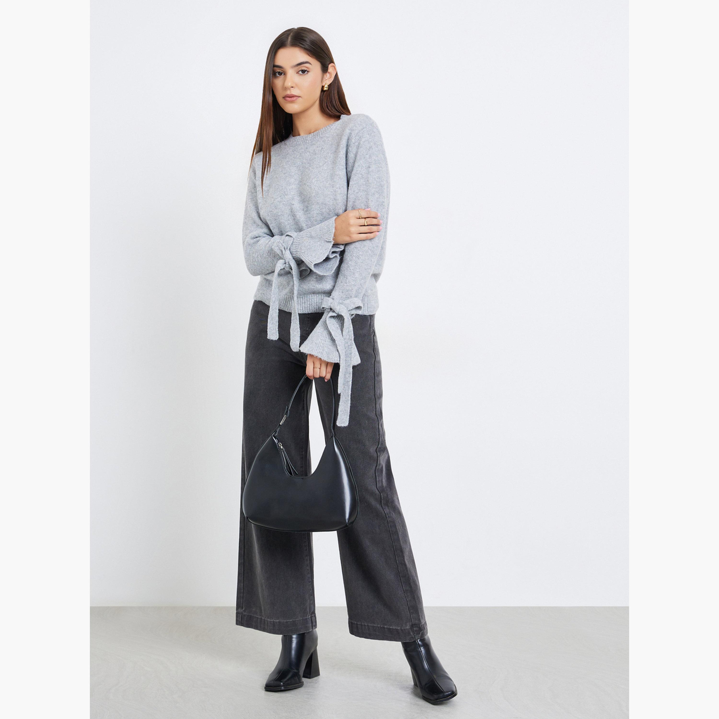 Take Two Grey Solid Bow Detail Round Neck Flared Cuff Long Sleeves Women's Sweater-women-winterwear-cardigansandjumpers-jumpers-image-2