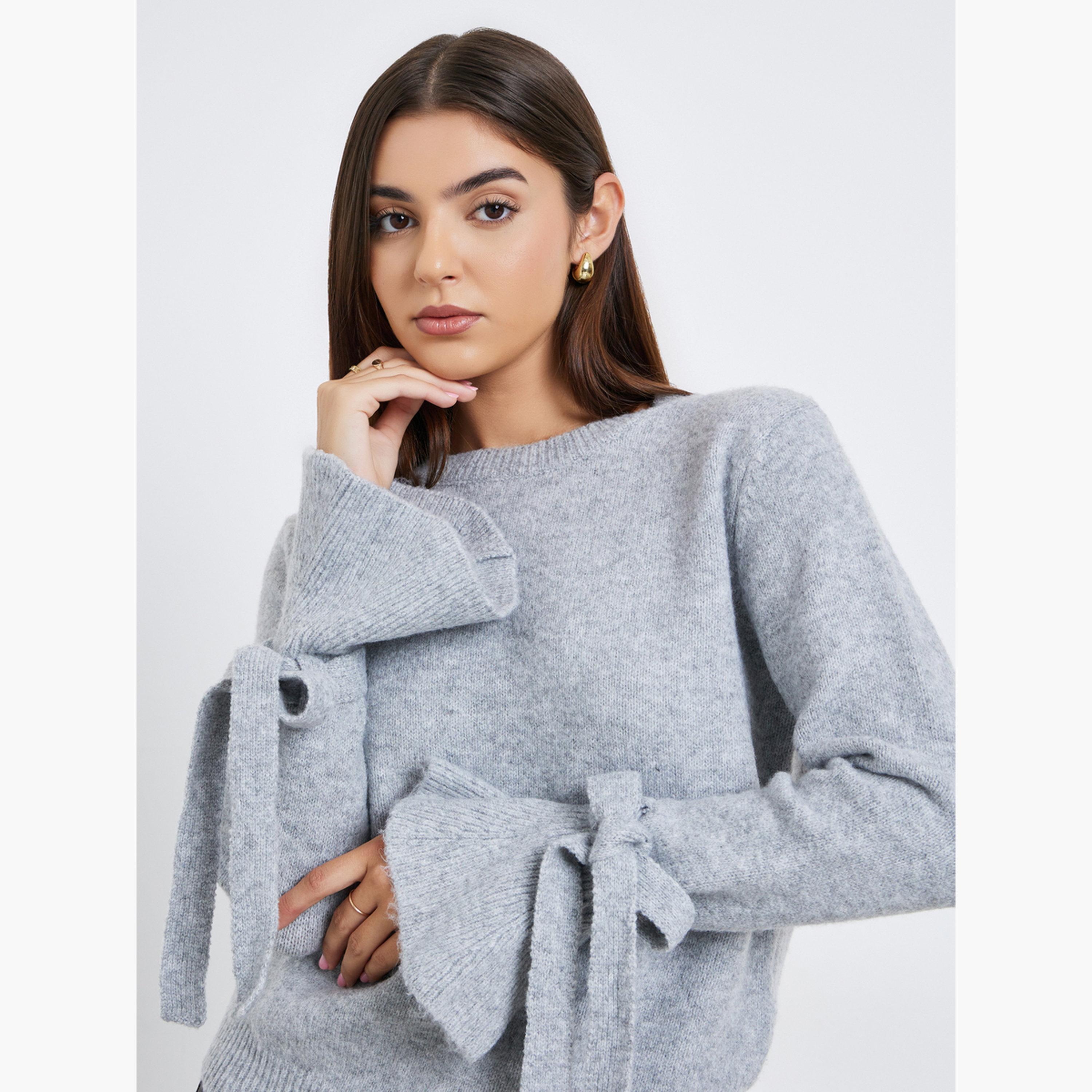 Take Two Grey Solid Bow Detail Round Neck Flared Cuff Long Sleeves Women's Sweater-women-winterwear-cardigansandjumpers-jumpers-image-3