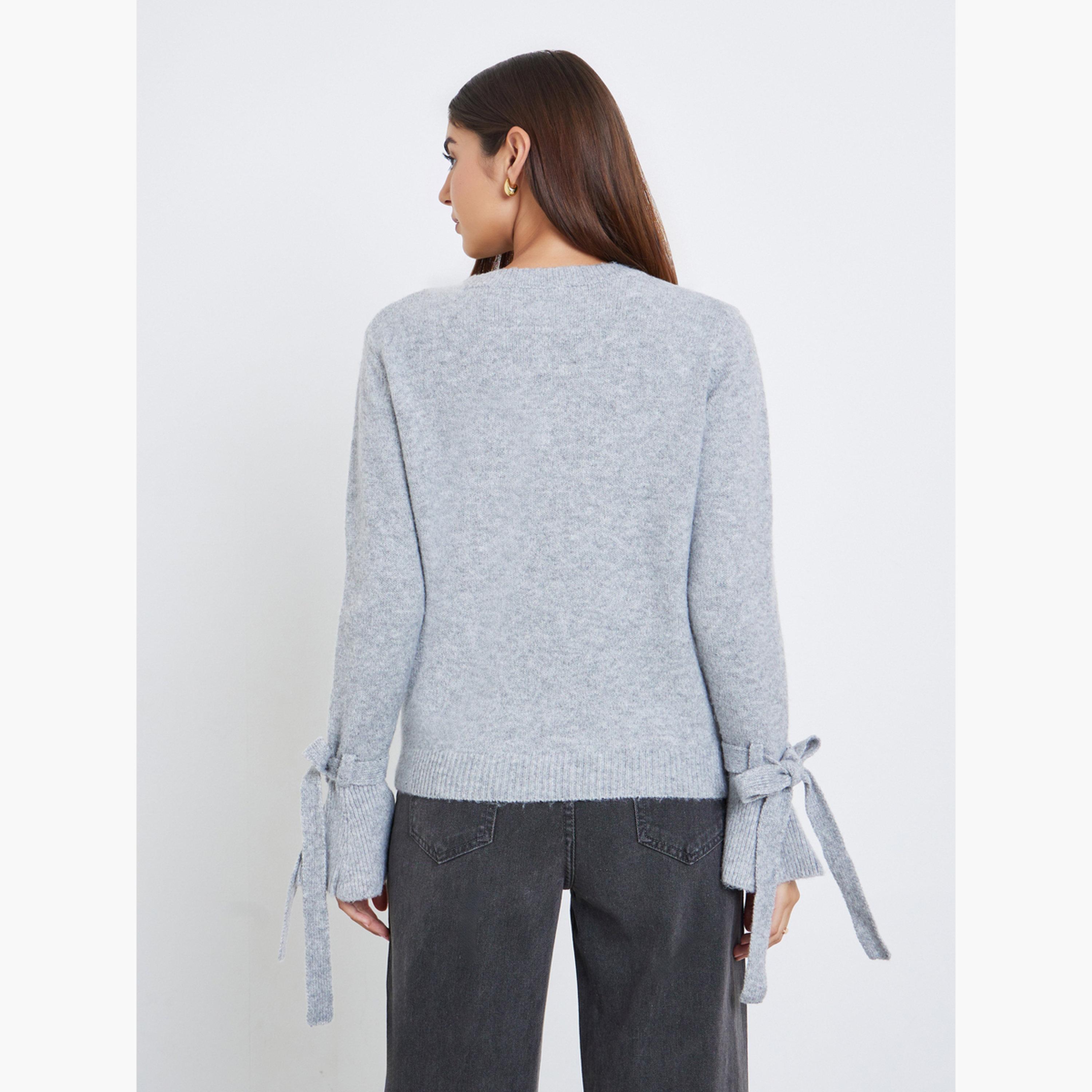 Take Two Grey Solid Bow Detail Round Neck Flared Cuff Long Sleeves Women's Sweater-women-winterwear-cardigansandjumpers-jumpers-image-4