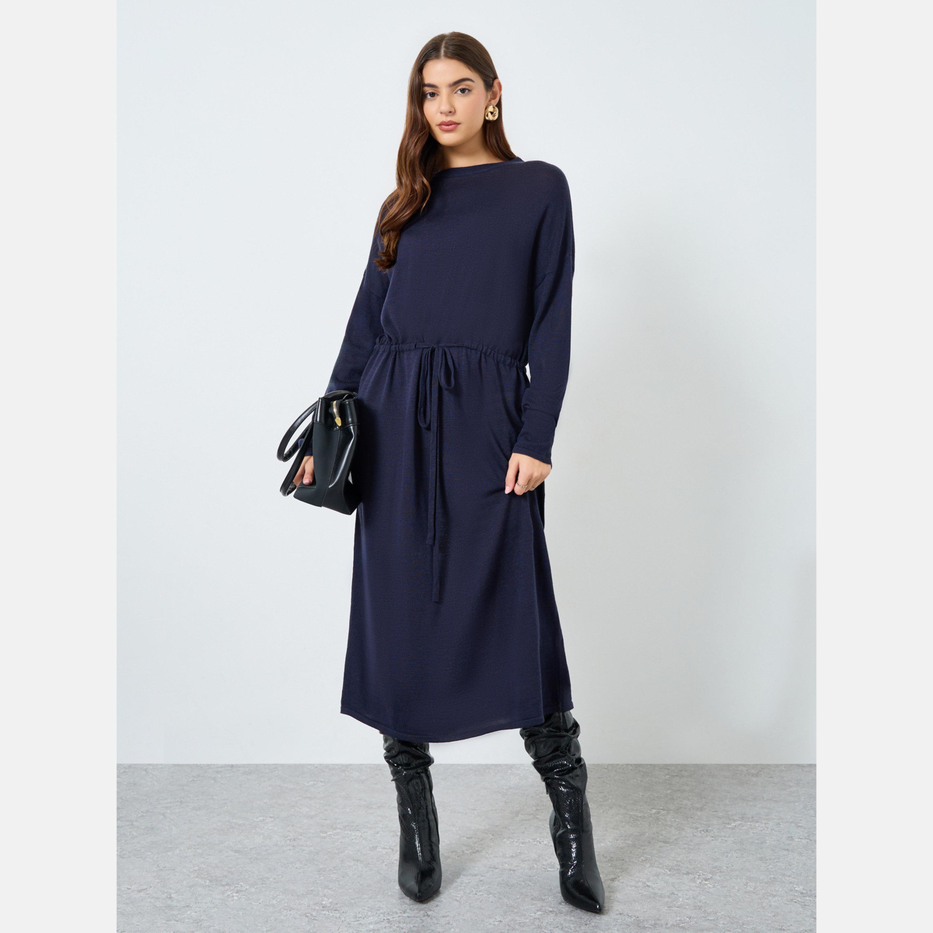 Take Two Solid Belted Round Neck Knitted Midi Dress-women-clothing-dresses-image-1