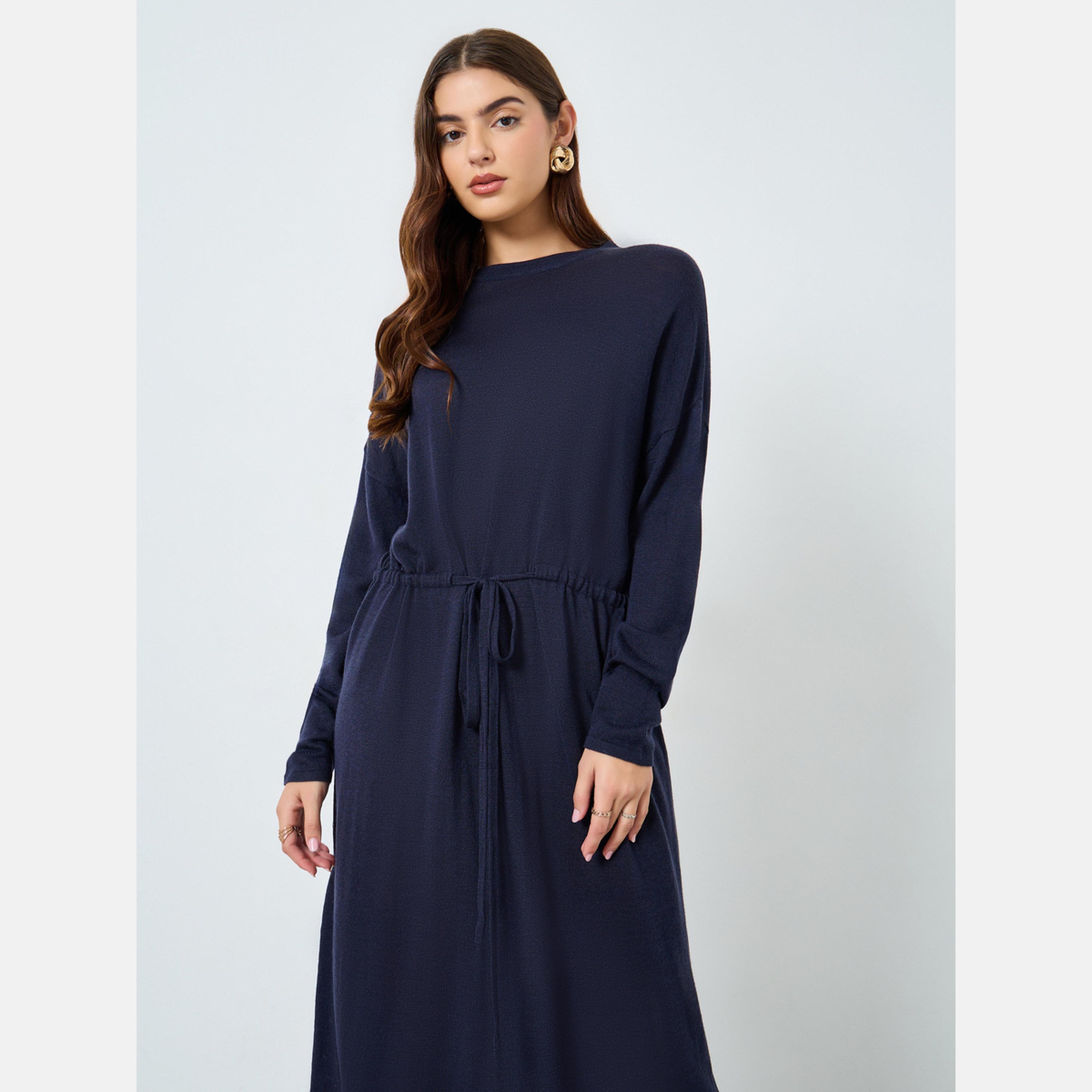 Take Two Solid Belted Round Neck Knitted Midi Dress-women-clothing-dresses-image-2
