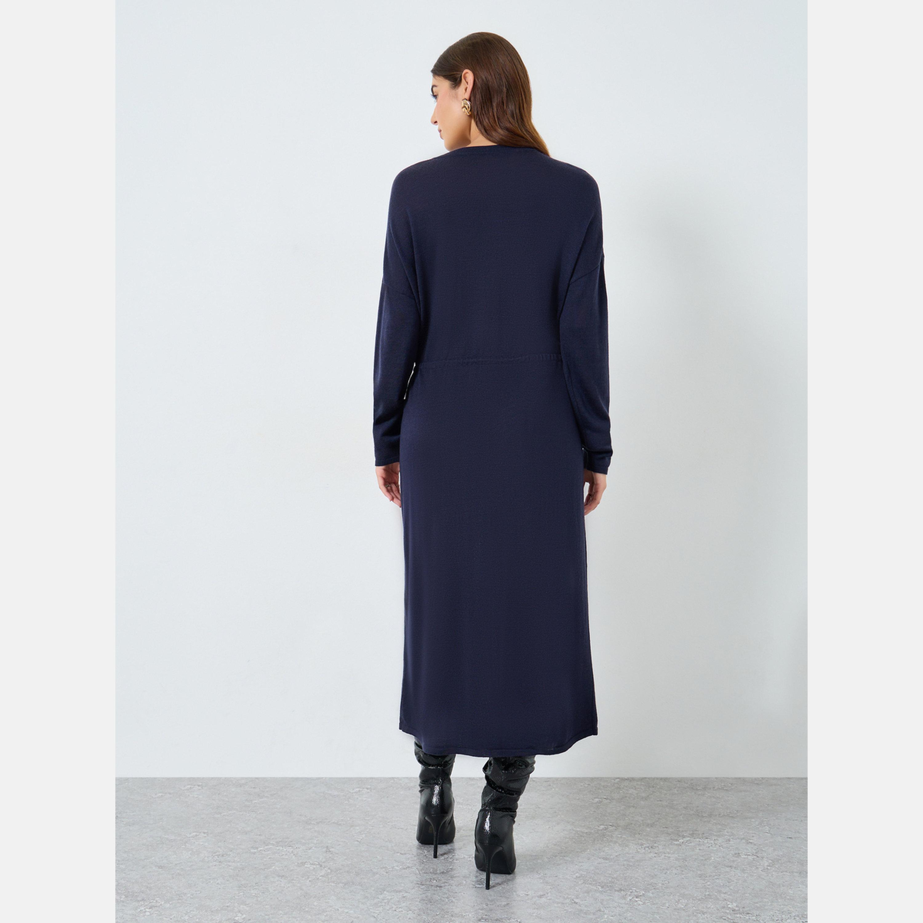 تيك تو - فستان متوسط الطول محبوك بياقة دائرية وحزام سادة-women-clothing-dresses-image-4