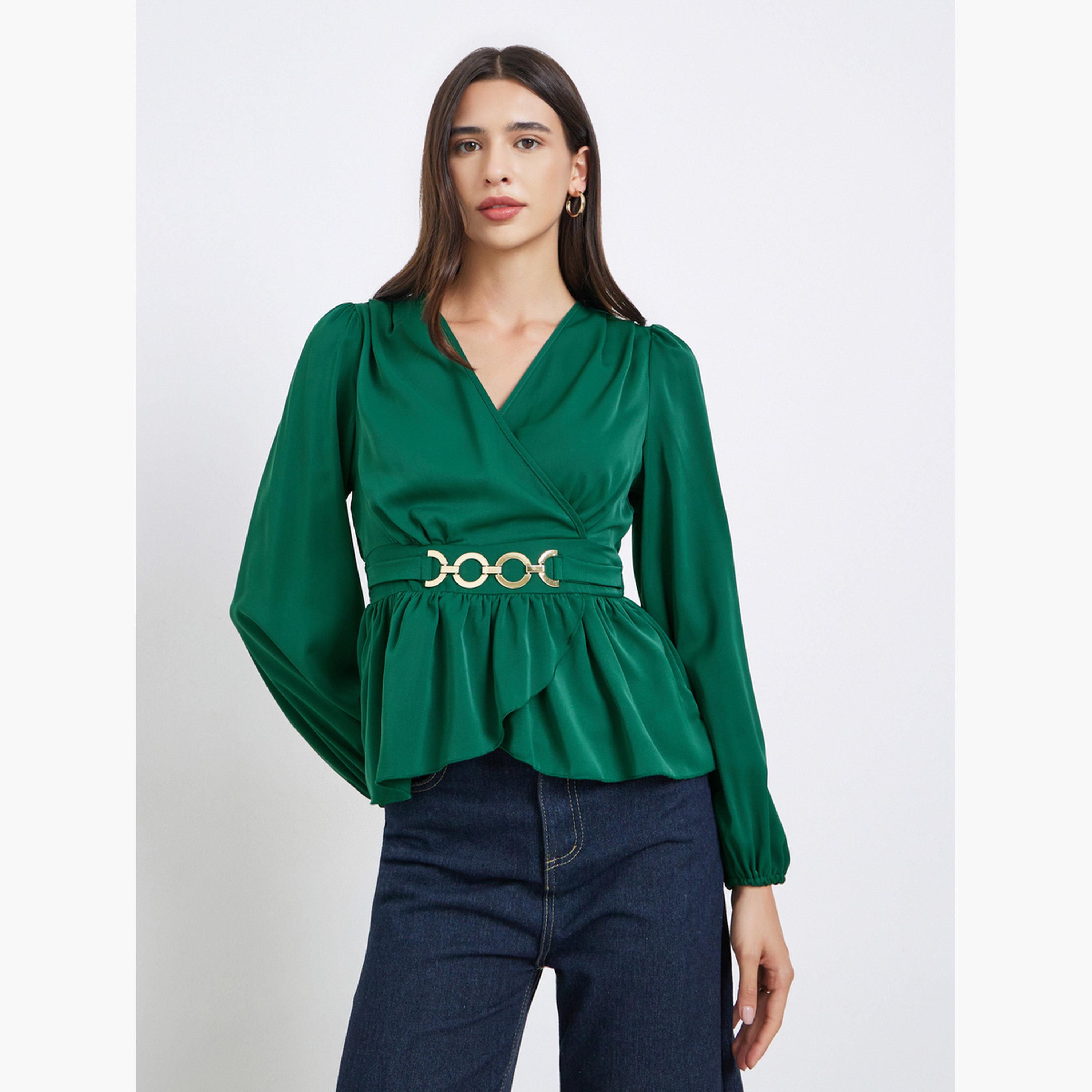 Take Two Women Emerald Green Puff Sleeve Wrap To-women-clothing-tshirts-image-1