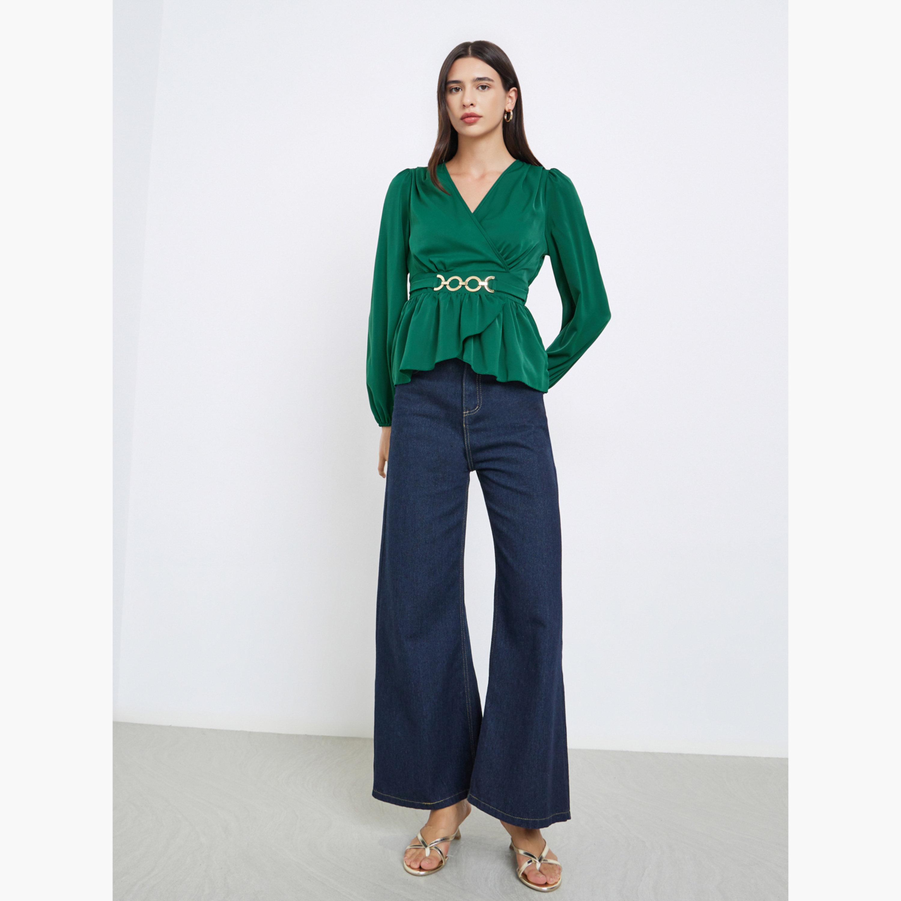 Take Two Women Emerald Green Puff Sleeve Wrap To-women-clothing-tshirts-image-2