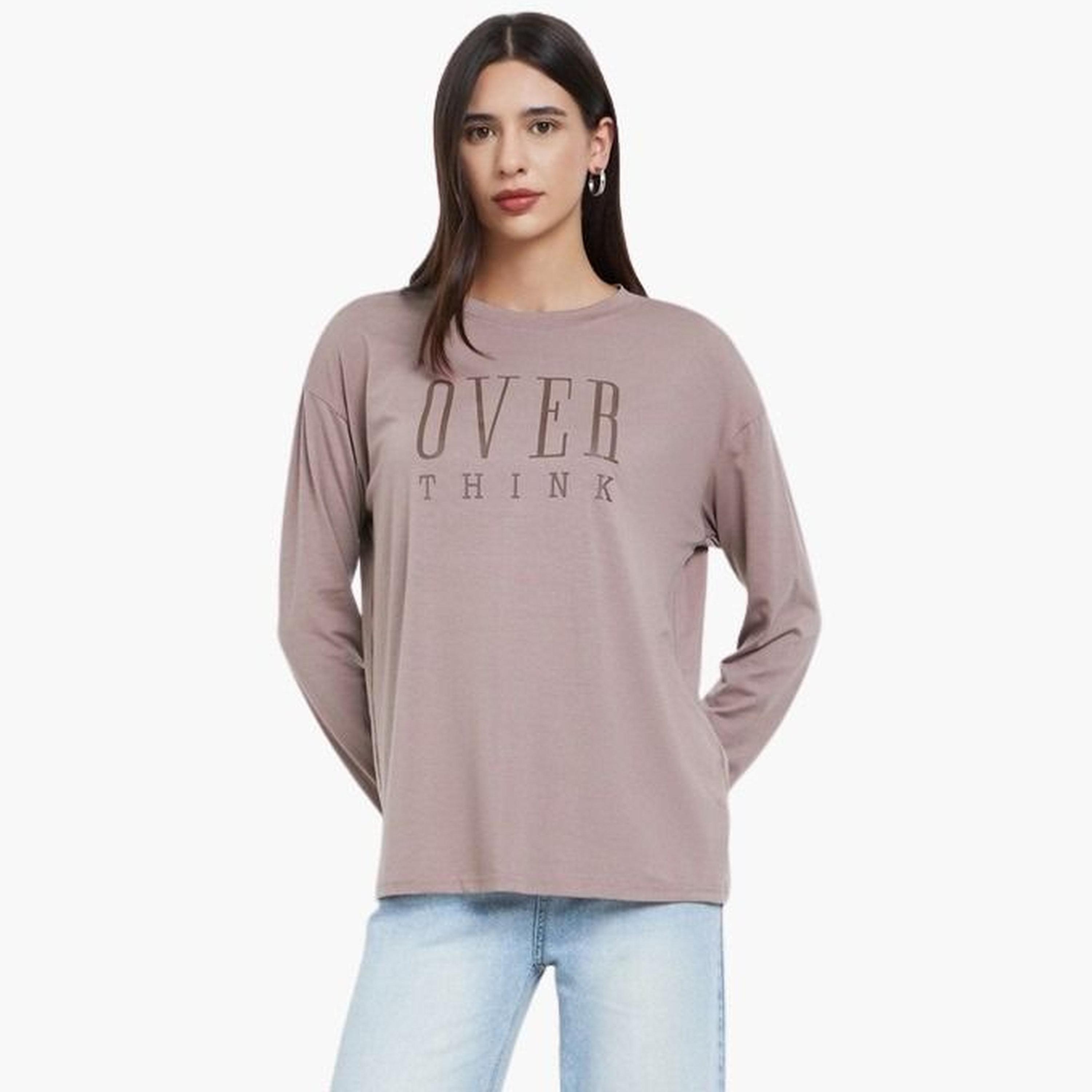 Styli Women Brown Slogan Print Oversize T-Shirt-women-clothing-tshirts-image-1