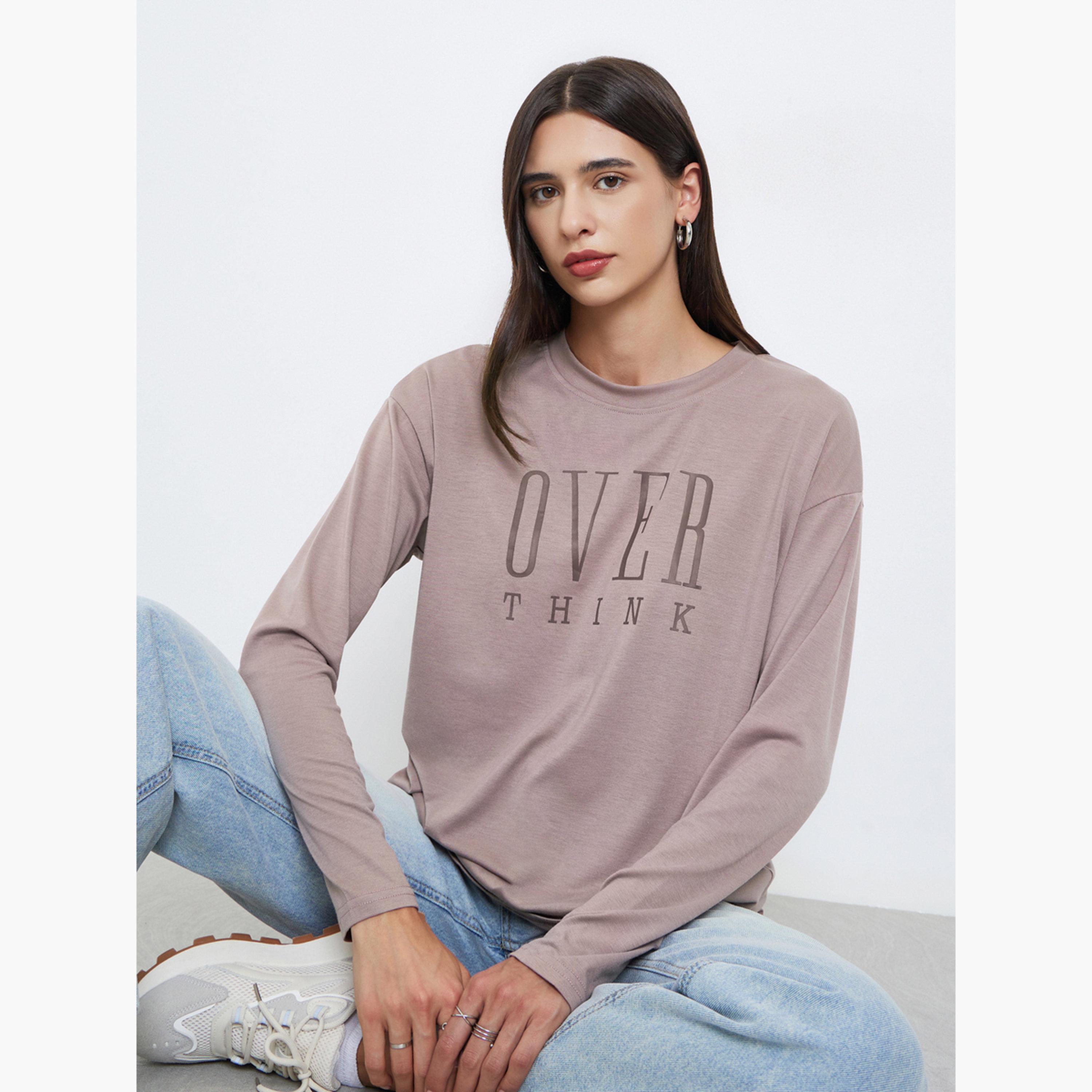 Styli Women Brown Slogan Print Oversize T-Shirt-women-clothing-tshirts-image-2