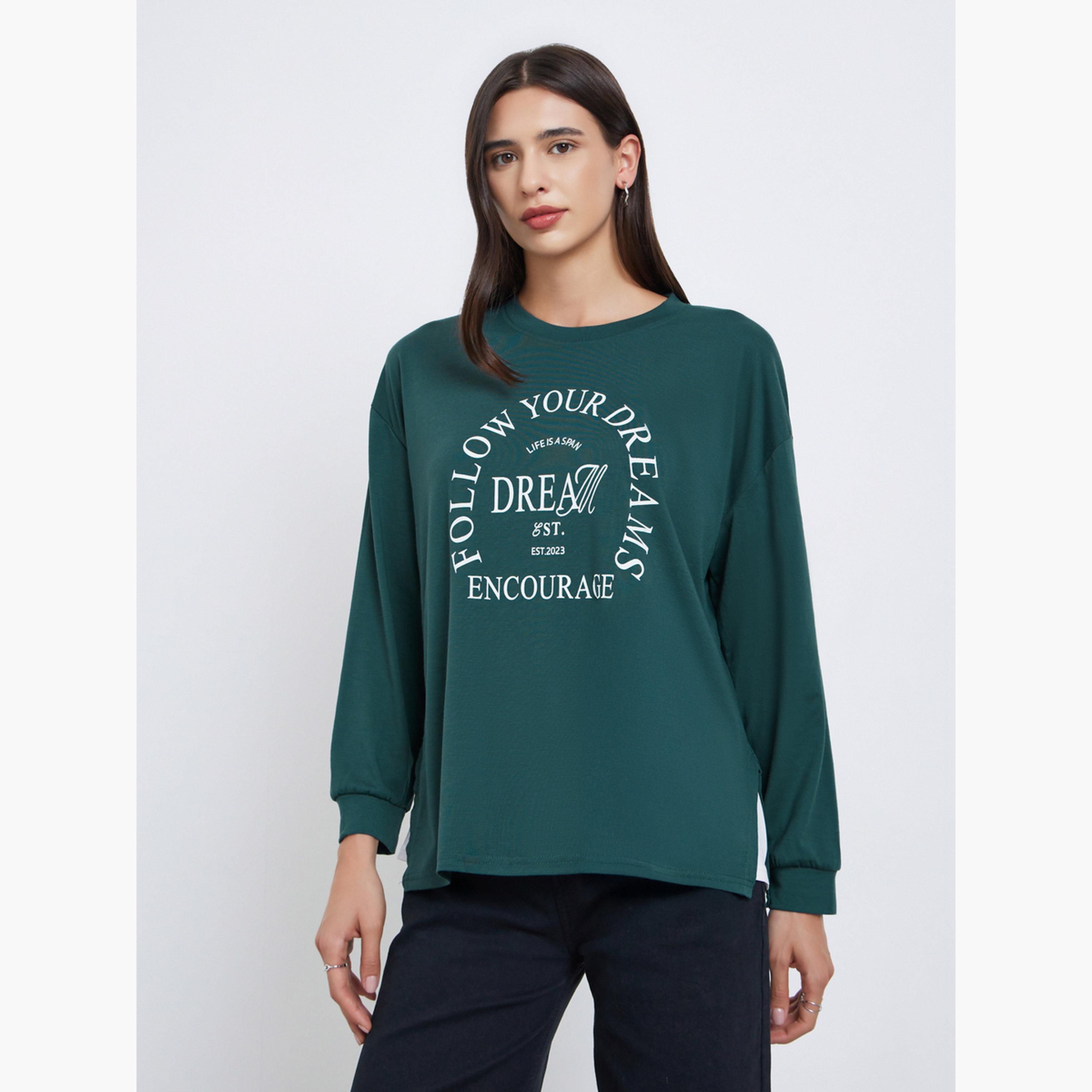 Styli Women Dark Green Slogan Print Oversized T-Shirt-women-clothing-tshirts-image-1