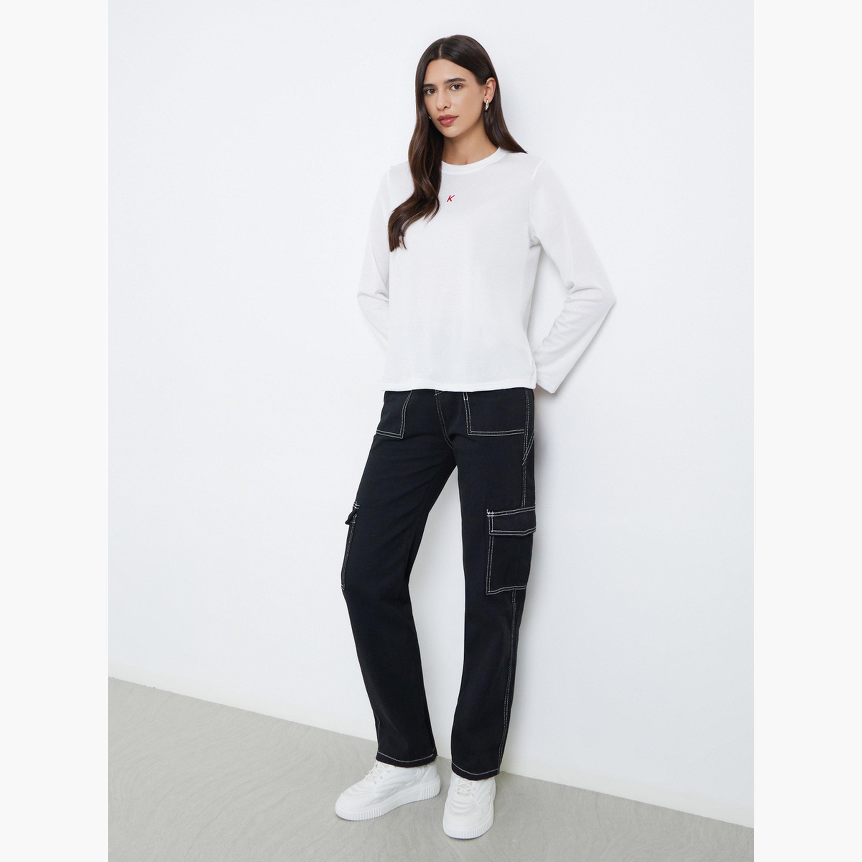 ستايلي - تي شيرت أبيض بأكمام طويلة وقصة عادية-women-clothing-tshirts-image-2