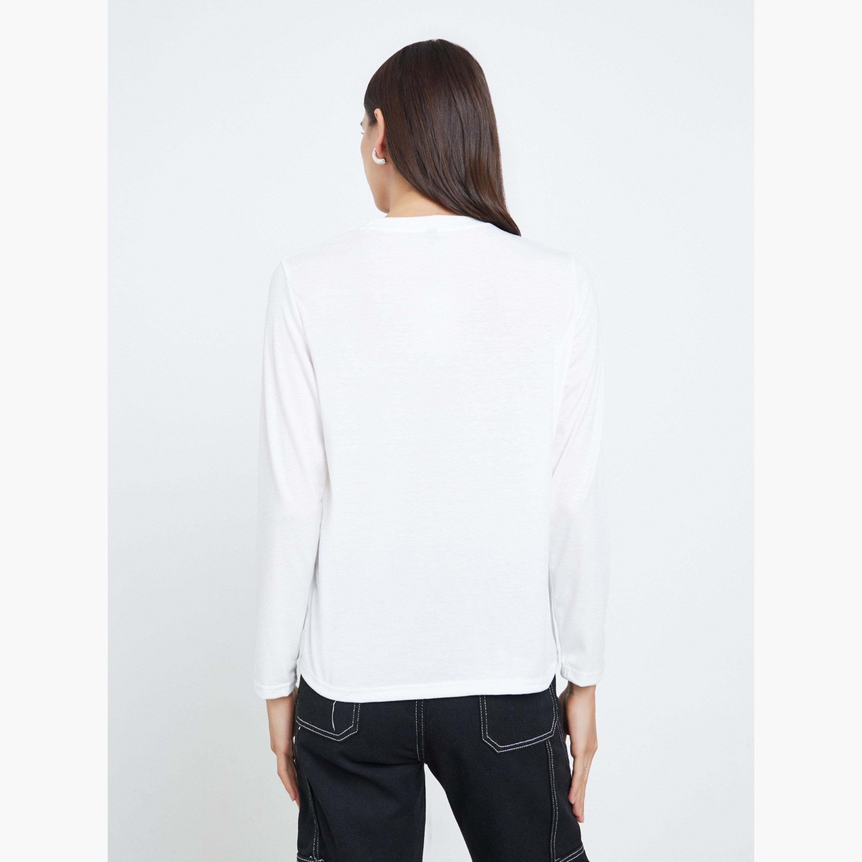 ستايلي - تي شيرت أبيض بأكمام طويلة وقصة عادية-women-clothing-tshirts-image-3