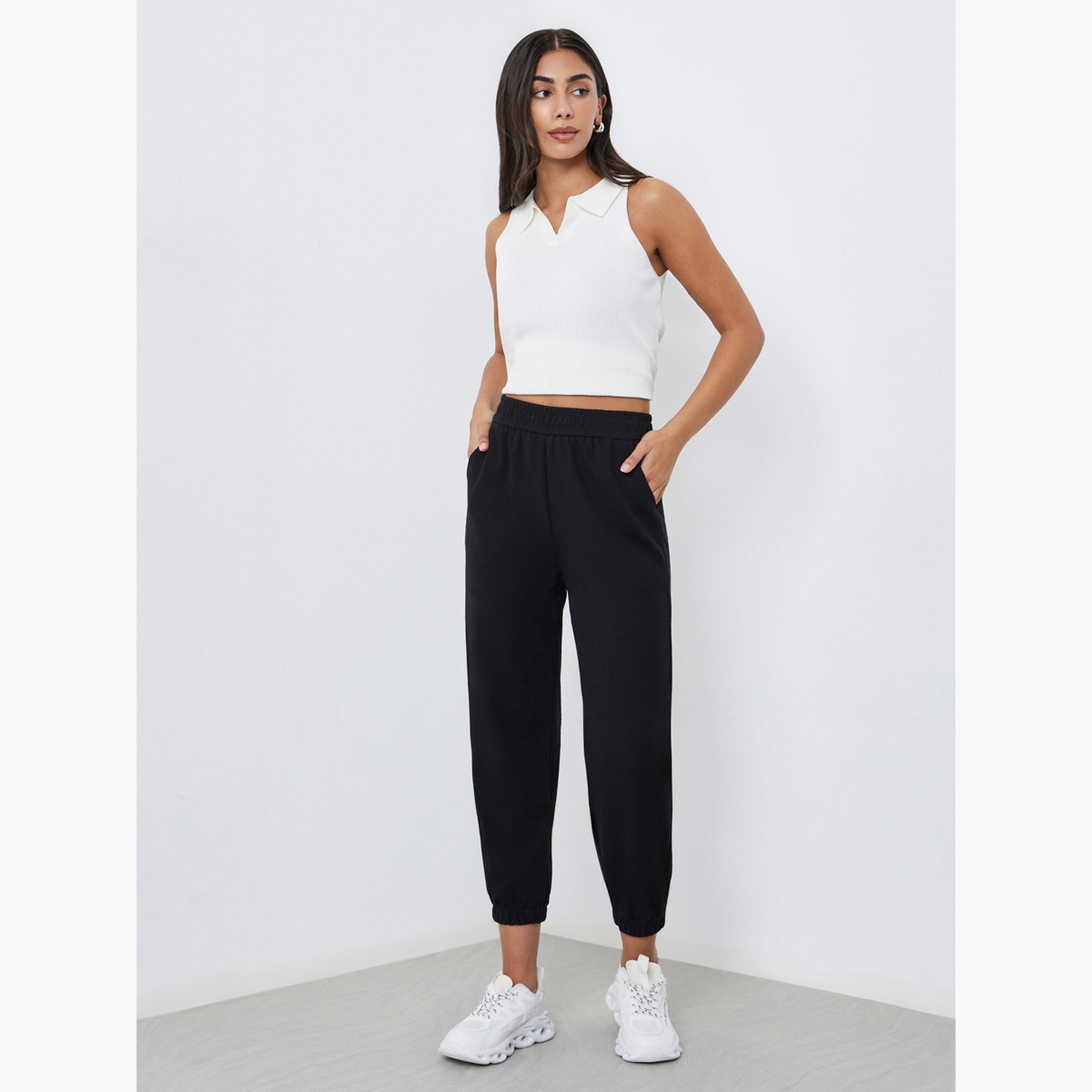 Styli Women Solid Elastic Waist Cuffed Cropped Joggers-women-clothing-bottoms-joggers-image-2