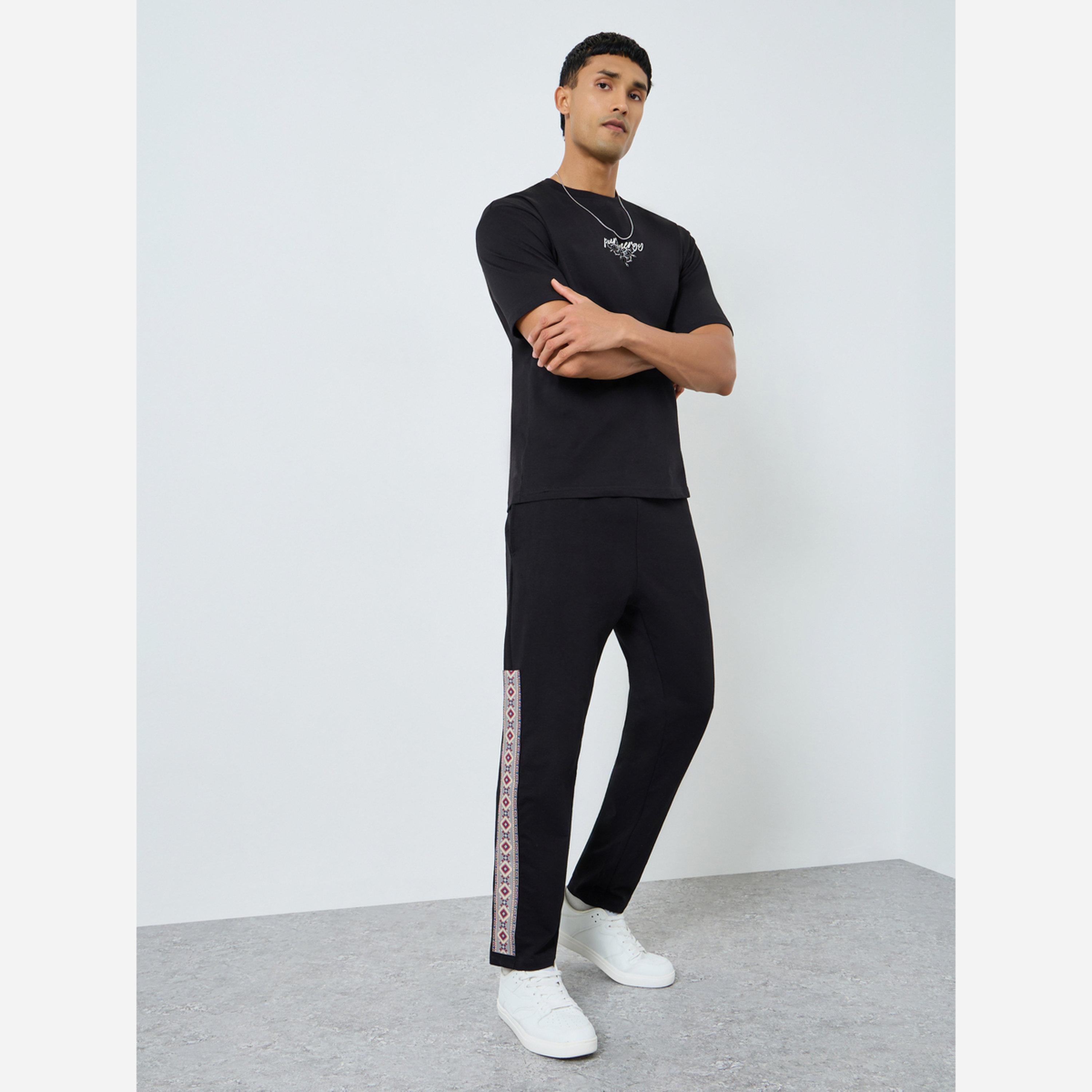 Styli Men Black Joggers with Ethnic Print Side Stripe-men-clothing-bottoms-joggers-image-2