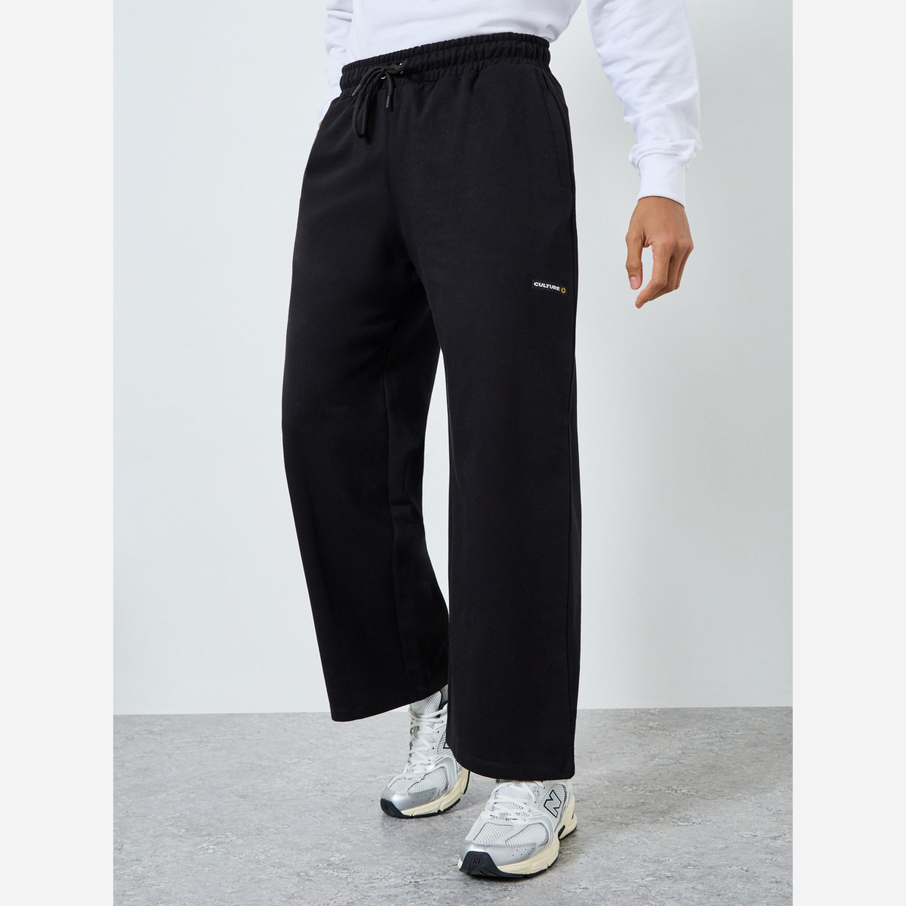 Styli Men Black Embroidered Fleece Wide Leg Joggers-men-clothing-bottoms-joggers-image-1