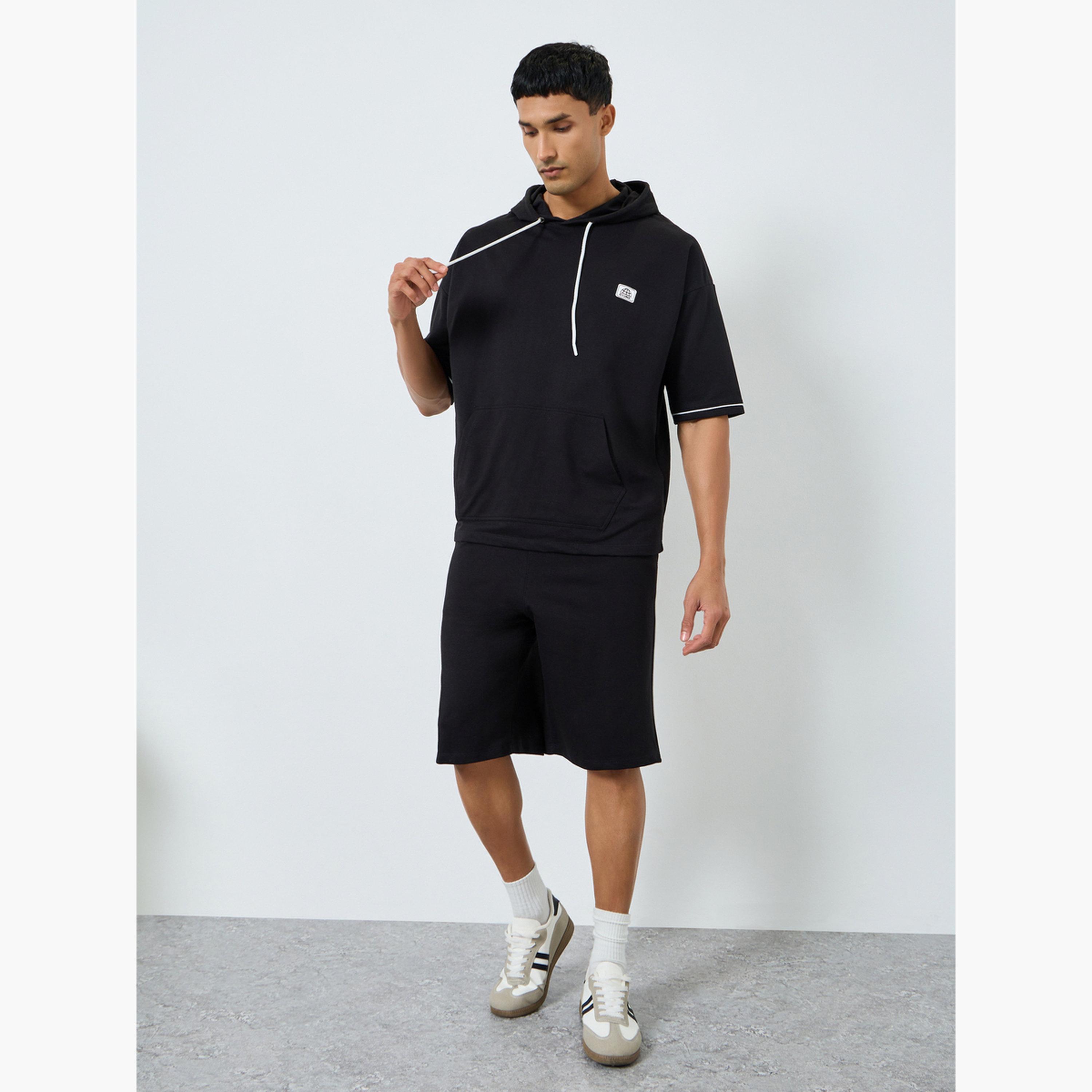 Styli Men Black Short Sleeve Hoodie and Shorts Co-Ords-men-clothing-coordsets-image-1