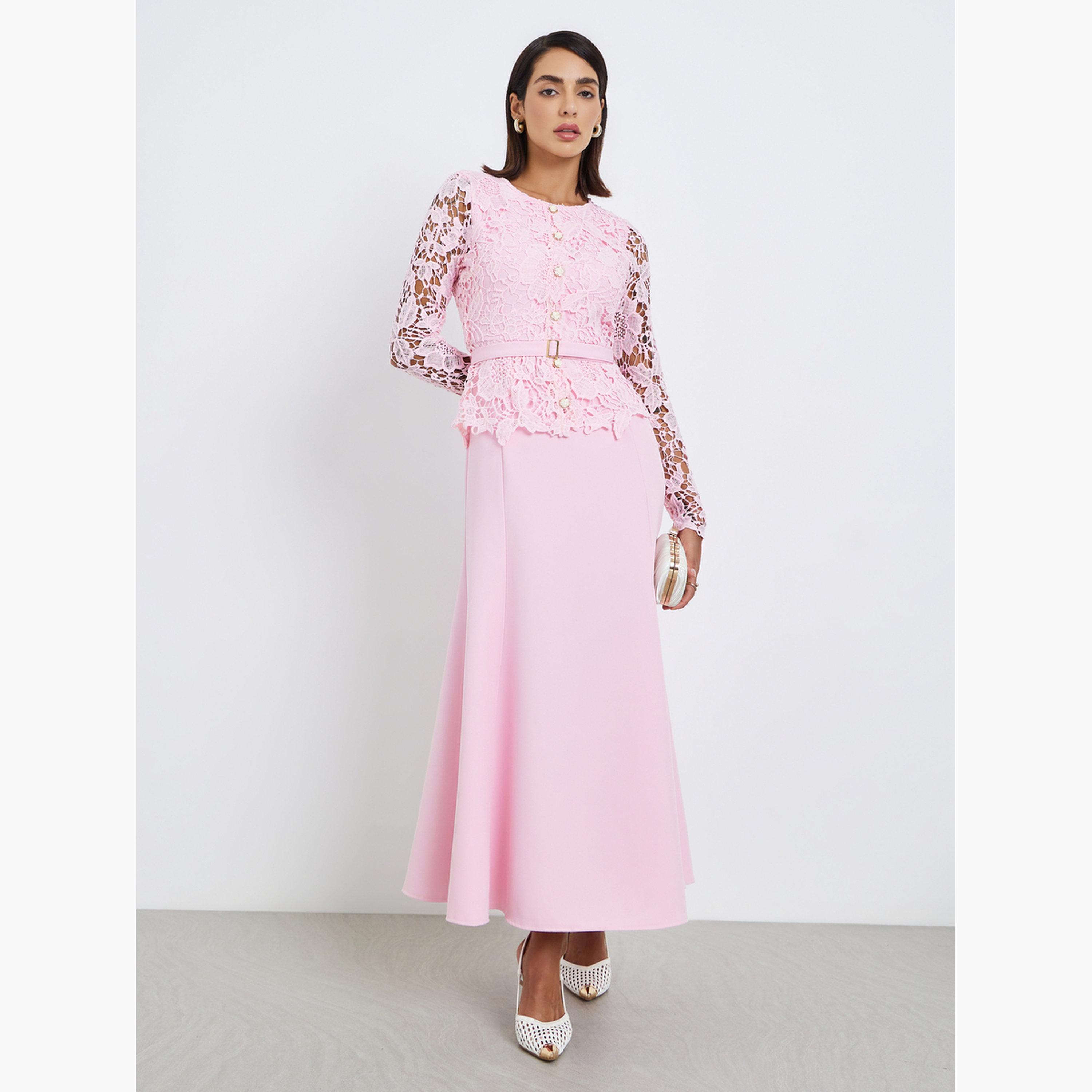 فستان سهرة ماكسي بحزام وتفاصيل دانتيل-women-clothing-dresses-image-1