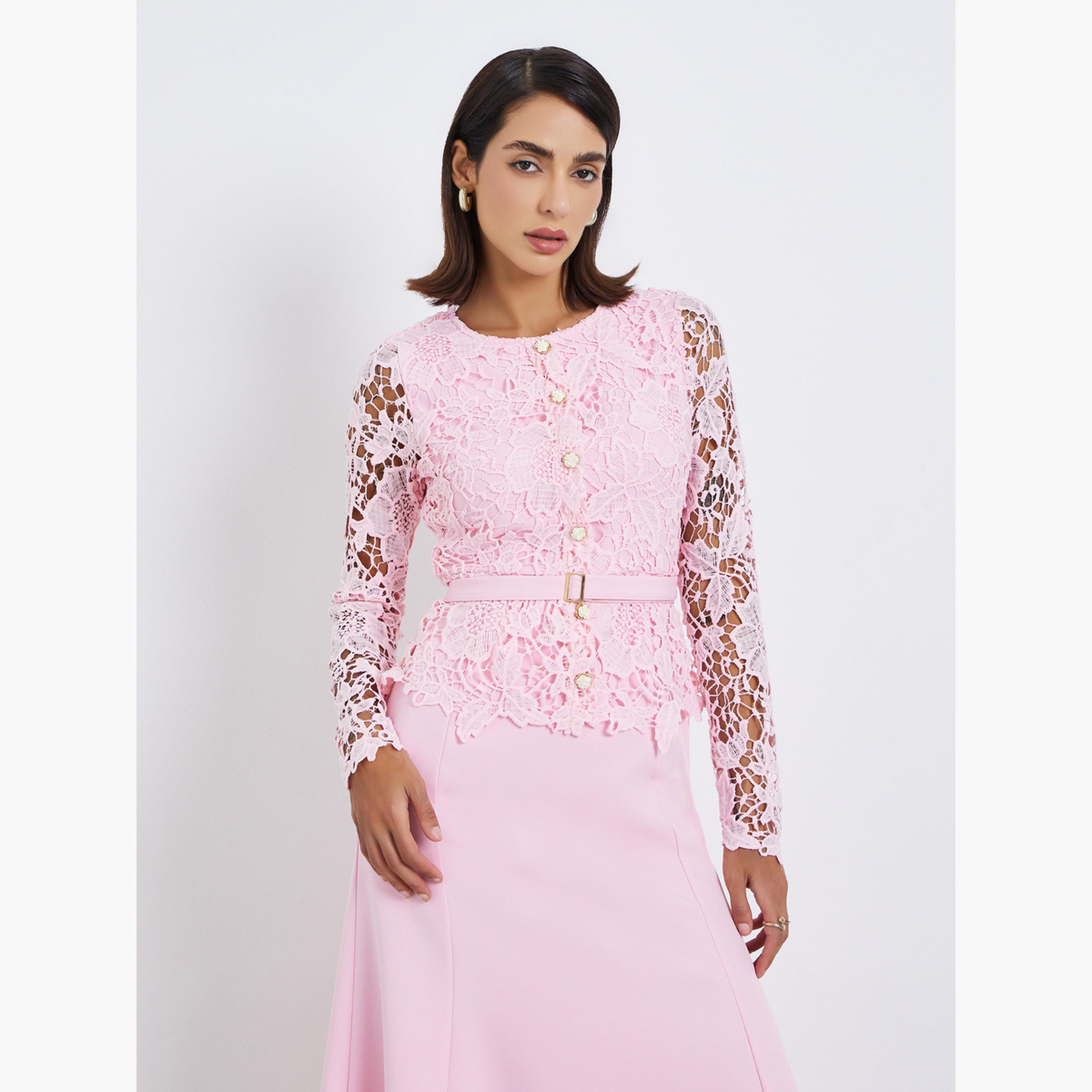 Styli Women Lace Insert Belted Maxi Evening Dress-women-clothing-dresses-image-2