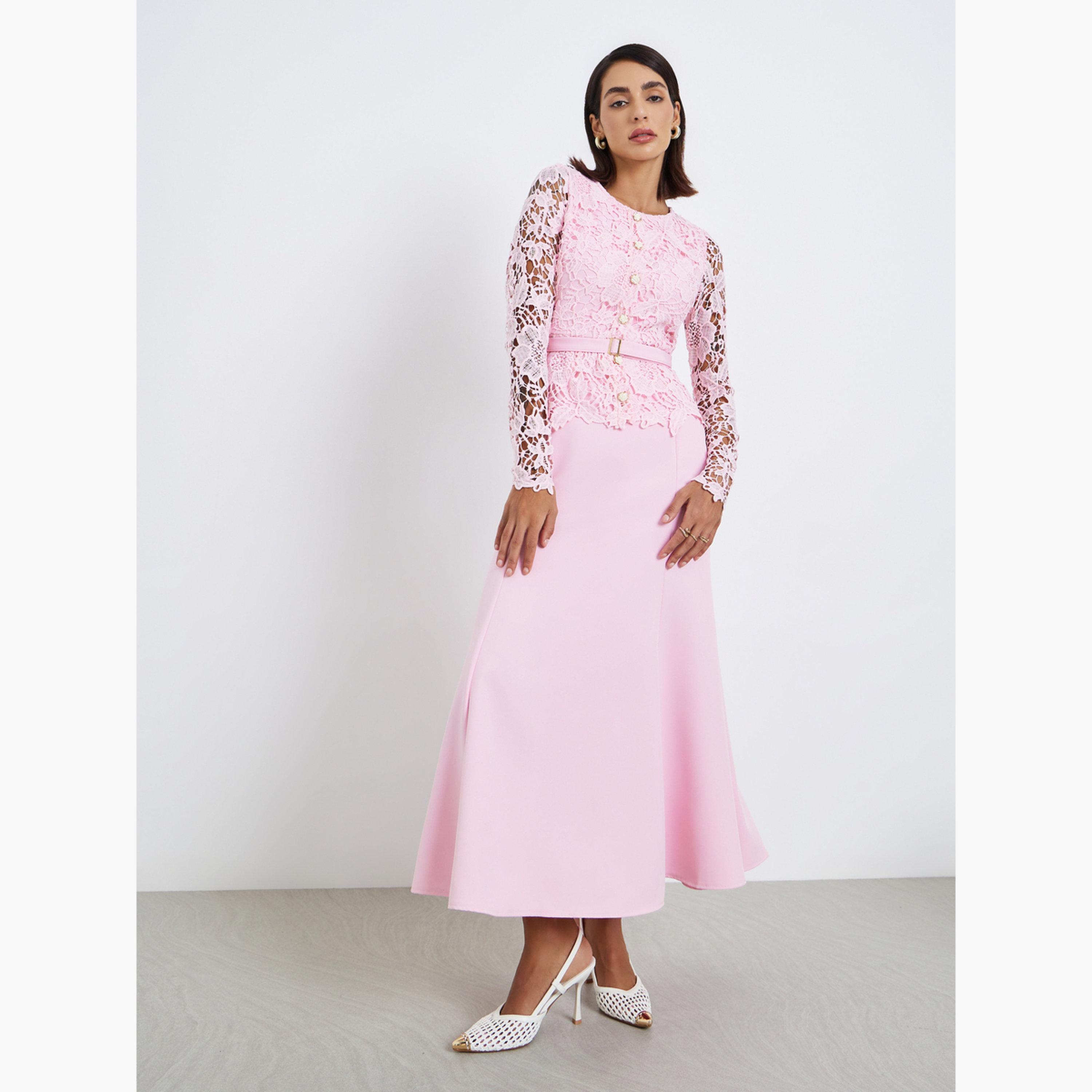 Styli Women Lace Insert Belted Maxi Evening Dress-women-clothing-dresses-image-3