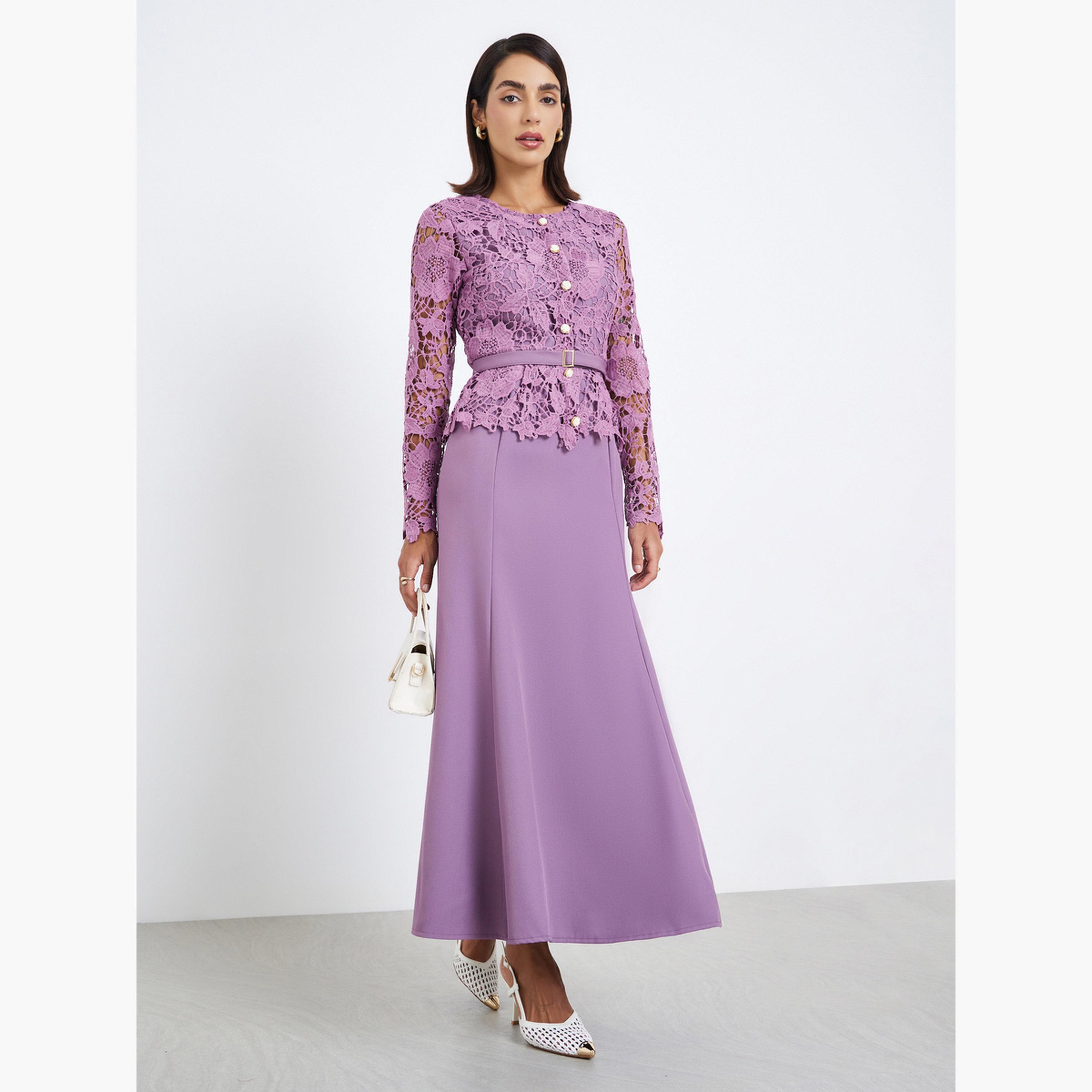 Styli Women Lace Insert Belted Maxi Evening Dress-women-clothing-dresses-image-1