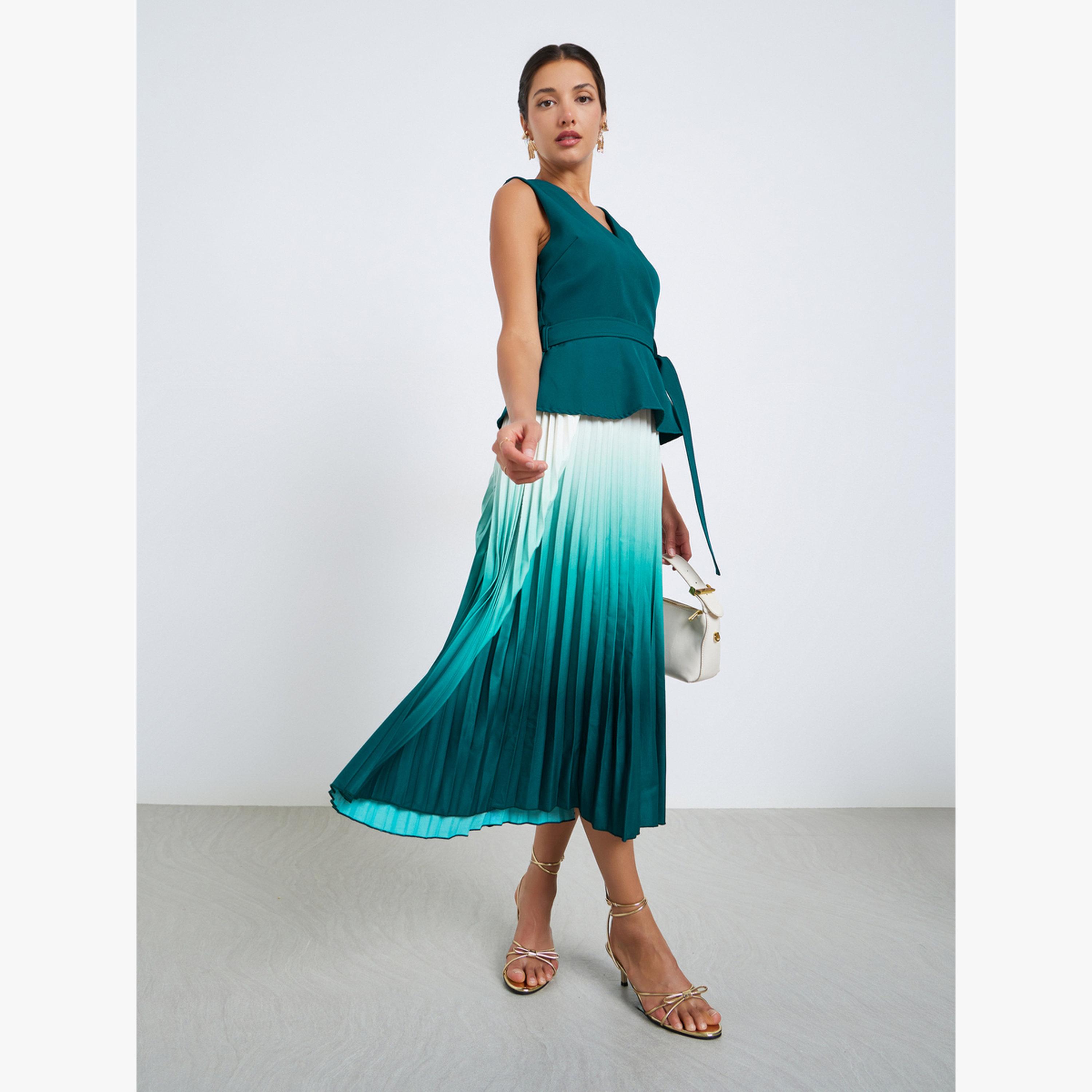 فستان ميدي بطيات ومظهر متدرج وحافة واسعة-women-clothing-dresses-image-1