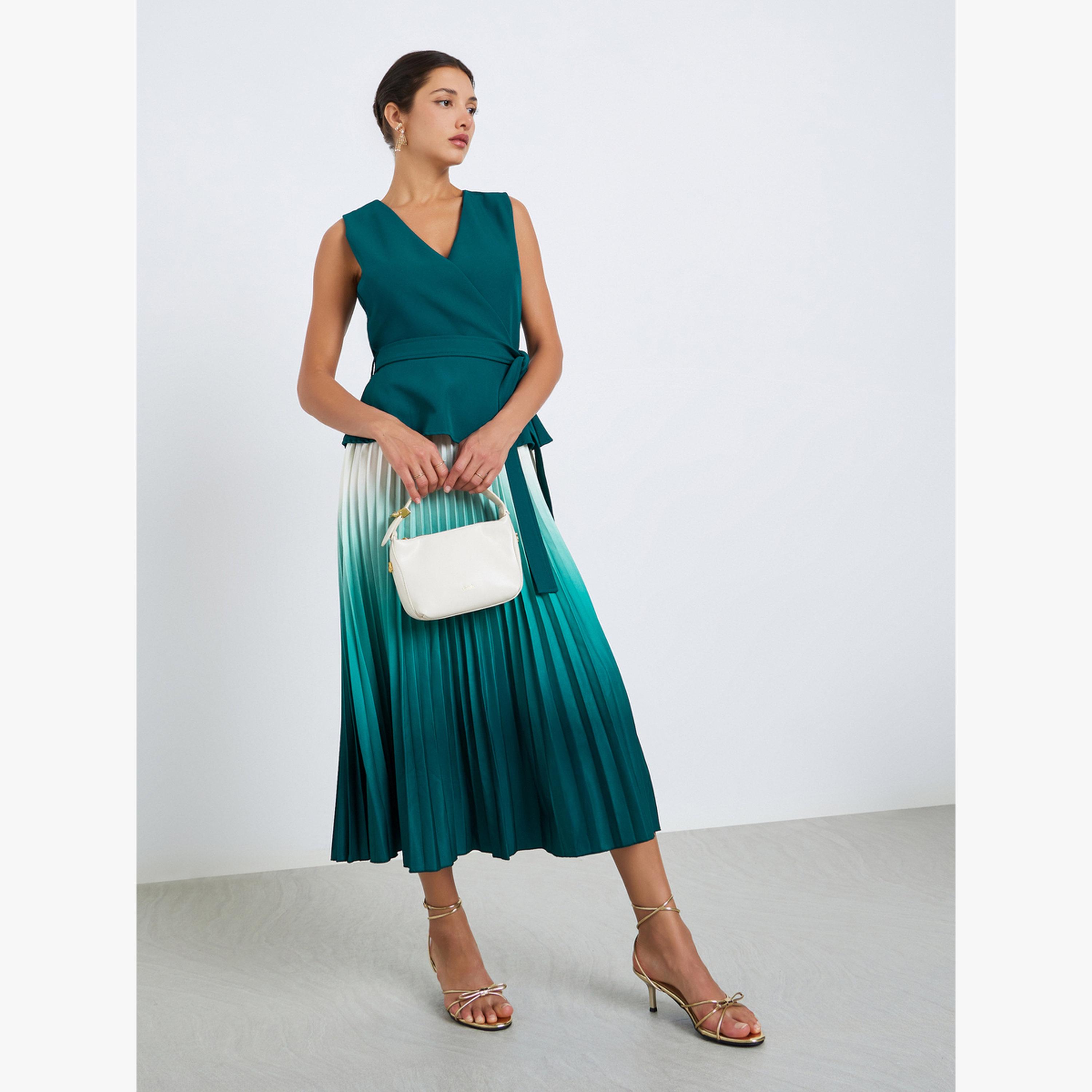 فستان ميدي بطيات ومظهر متدرج وحافة واسعة-women-clothing-dresses-image-2